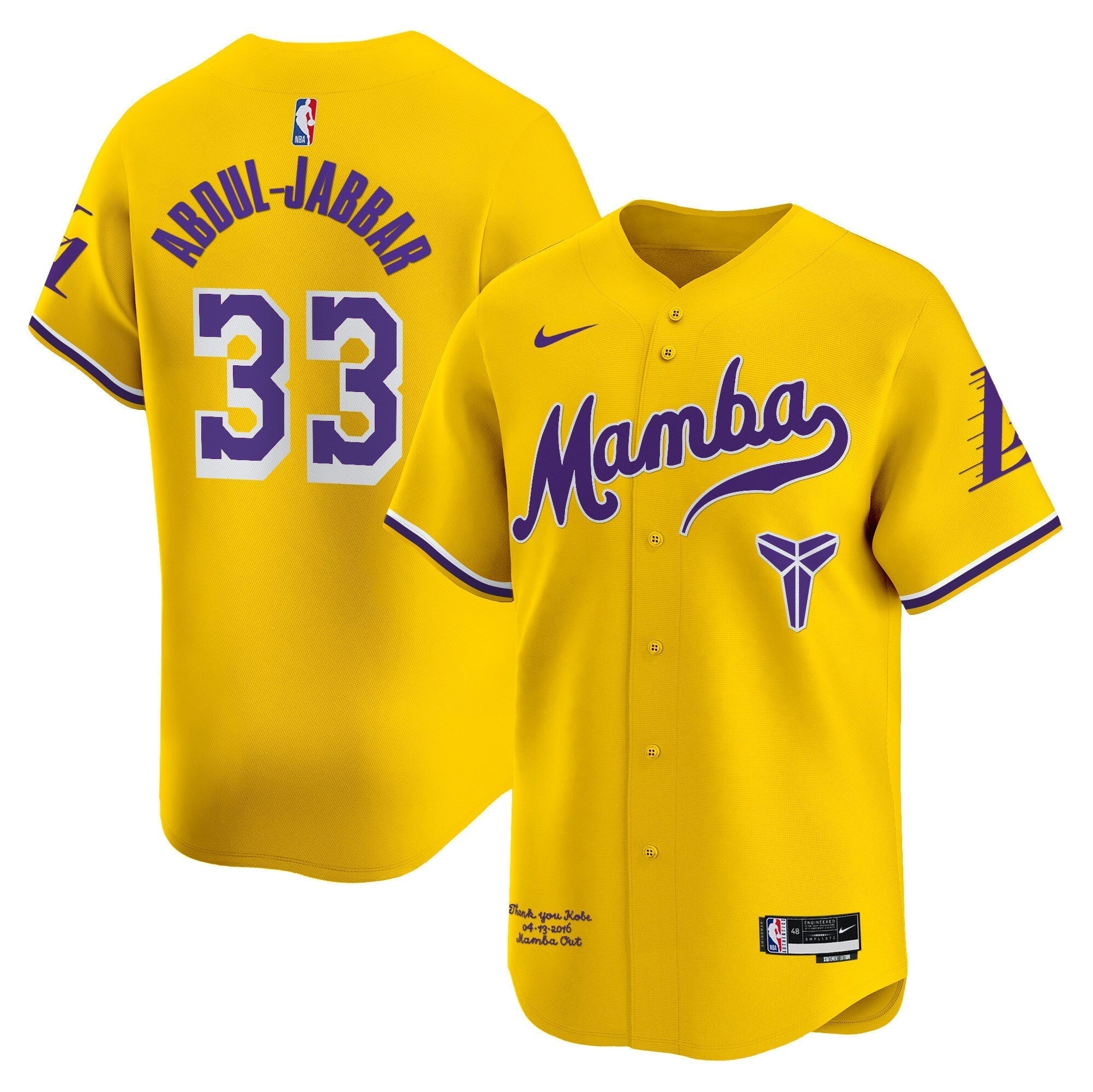 LAL Kobe Bryant Mamba Vapor Baseball Jersey - Stitched