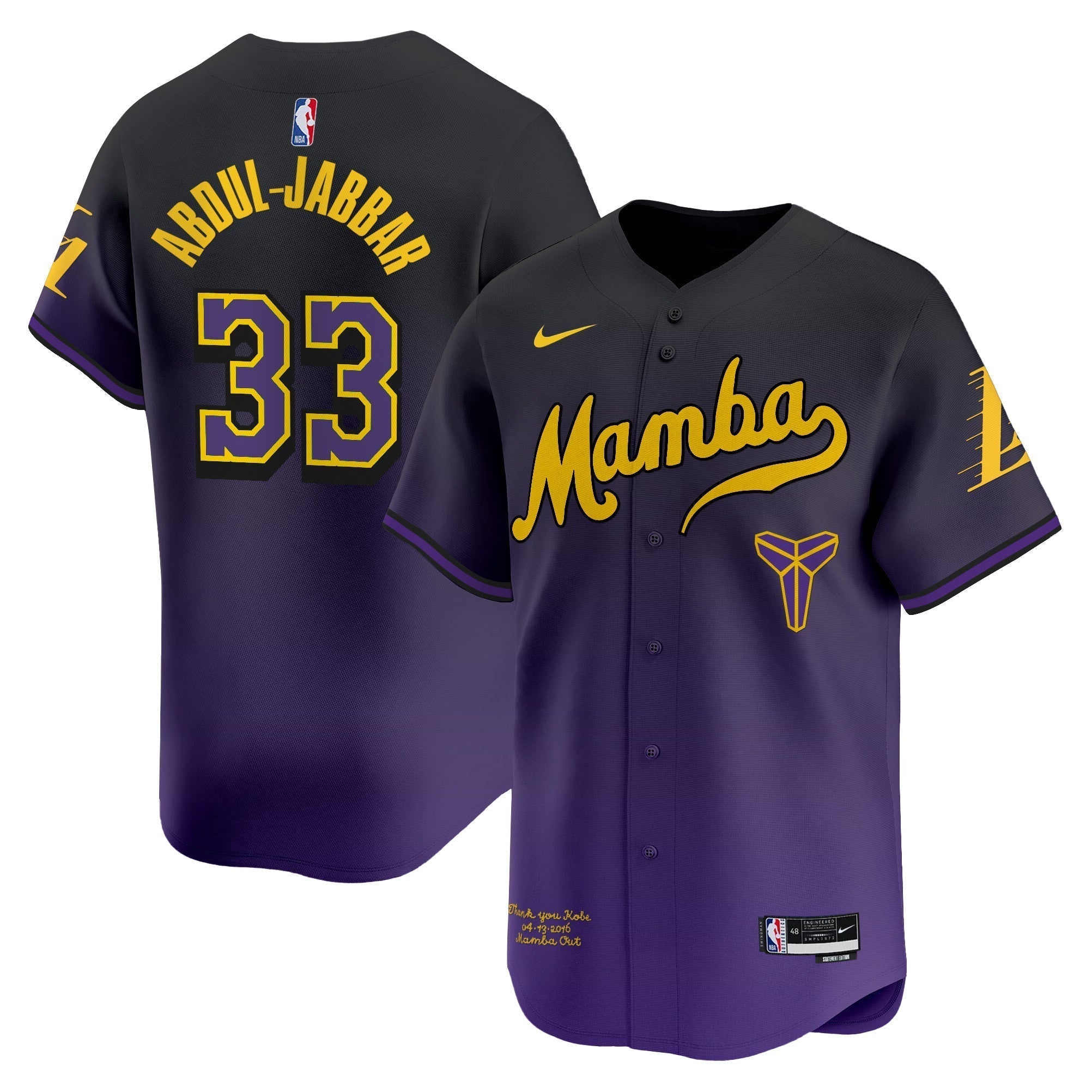 LAL Kobe Bryant Mamba Vapor Baseball Jersey - Stitched