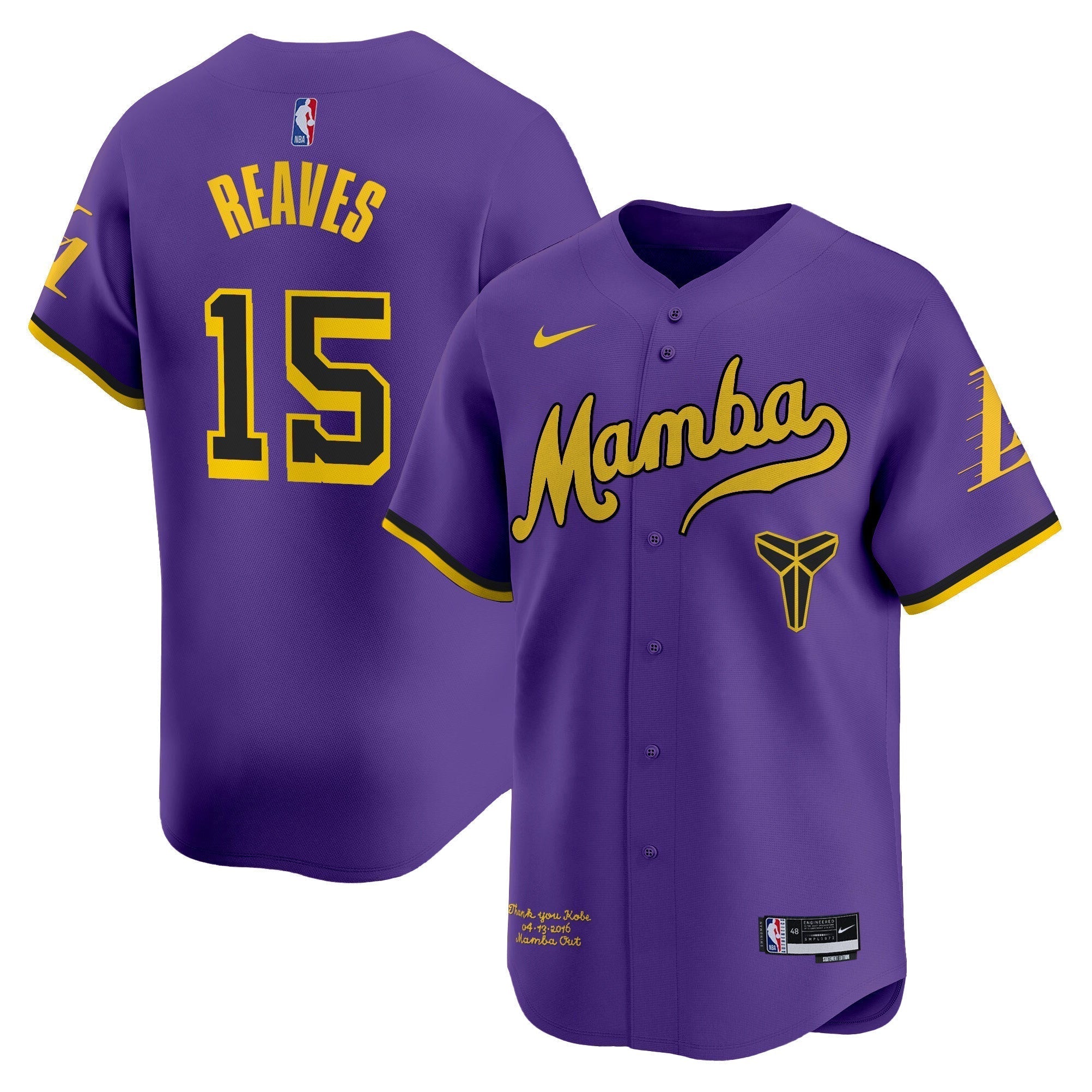 LAL Kobe Bryant Mamba Vapor Baseball Jersey - Stitched