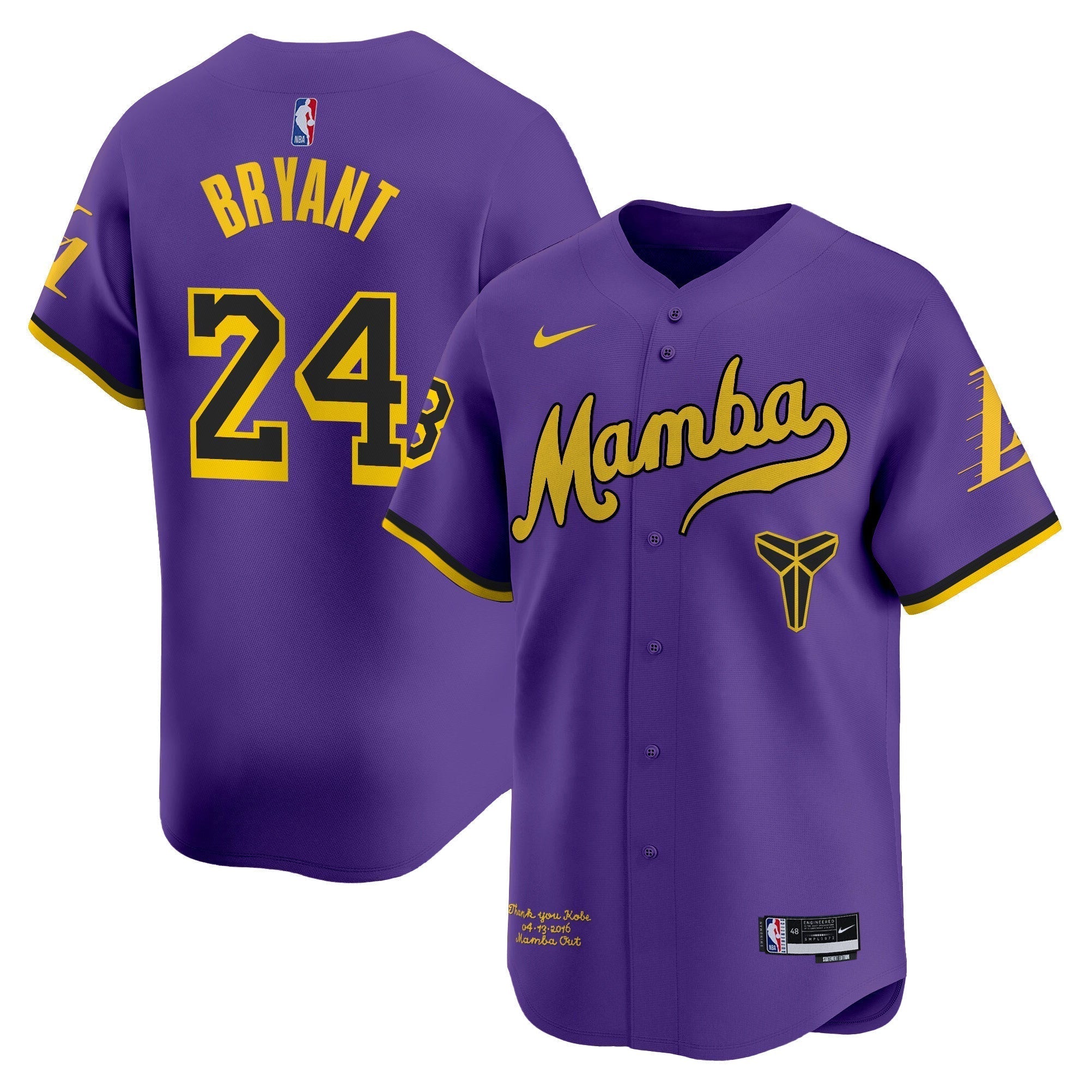LAL Kobe Bryant Mamba Vapor Baseball Jersey - Stitched