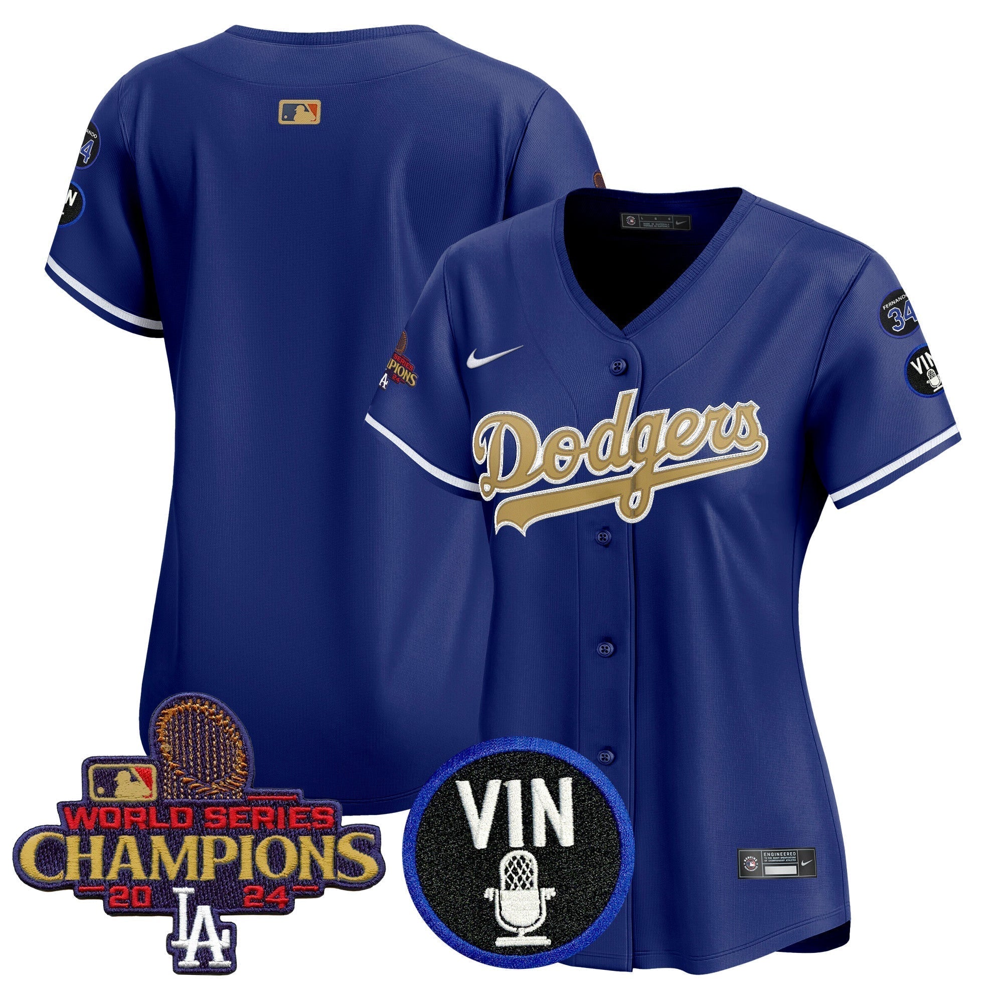 Women's Dodgers 2025 Vin Scully & #34 Fernando Patch Gold Vapor Premier Limited Jersey - Stitched