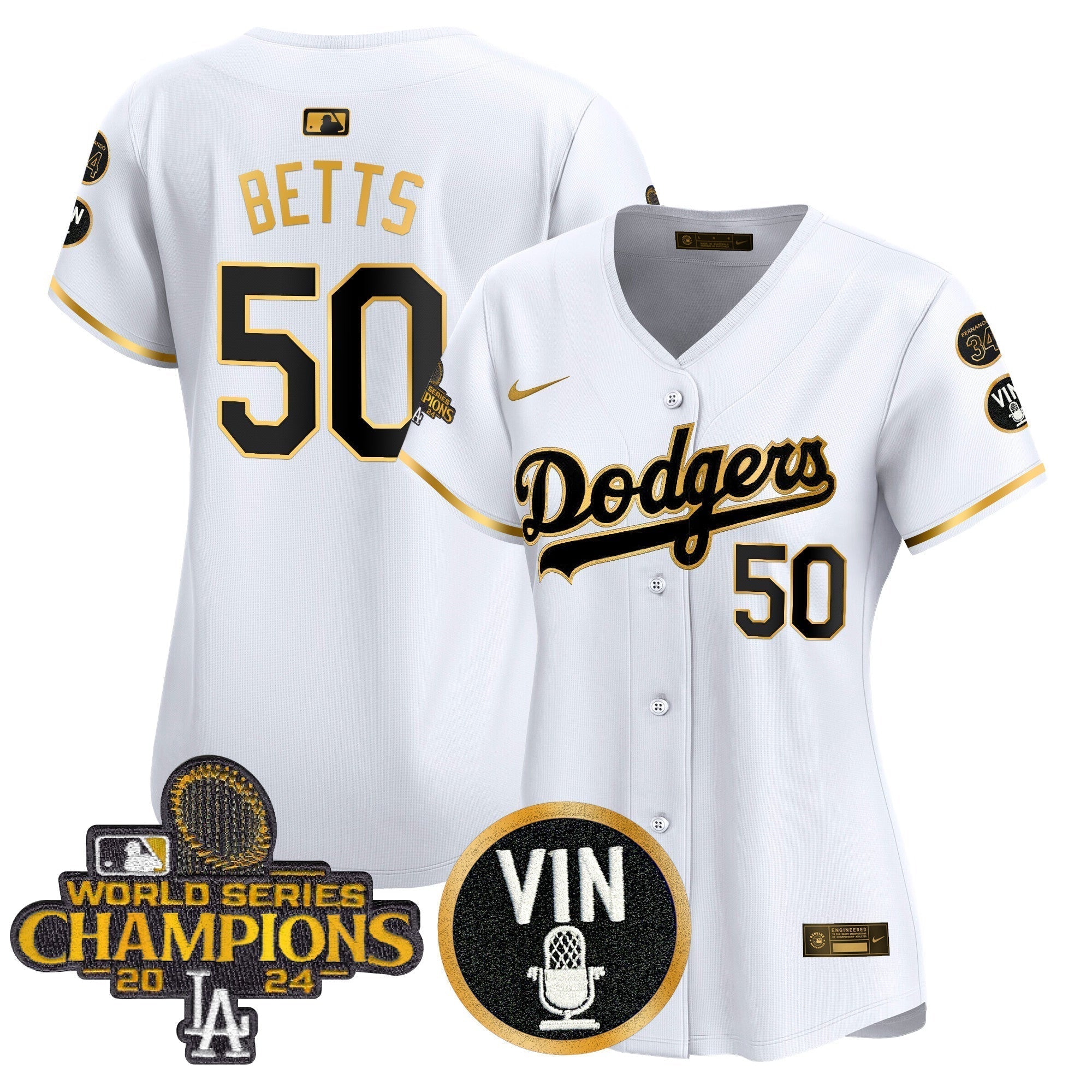 Women's Dodgers 2025 Vin Scully & #34 Fernando Patch Gold Vapor Premier Limited Jersey - Stitched