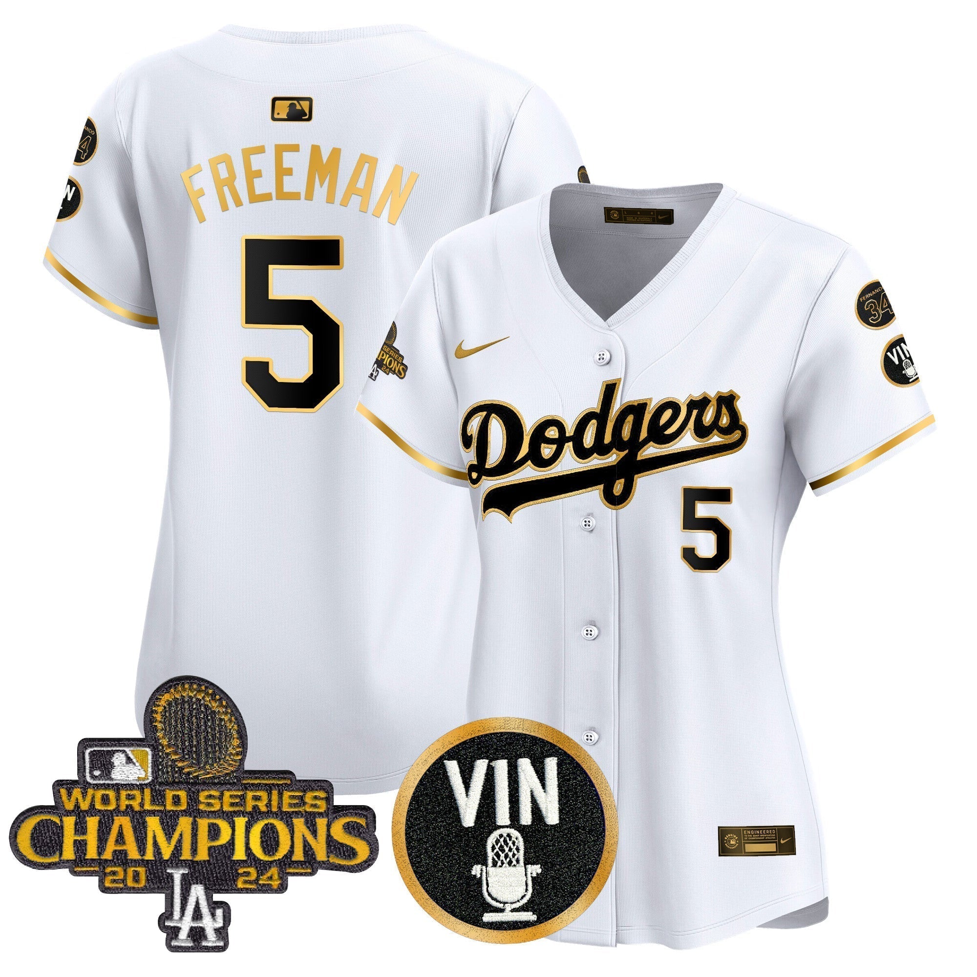 Women's Dodgers 2025 Vin Scully & #34 Fernando Patch Gold Vapor Premier Limited Jersey - Stitched