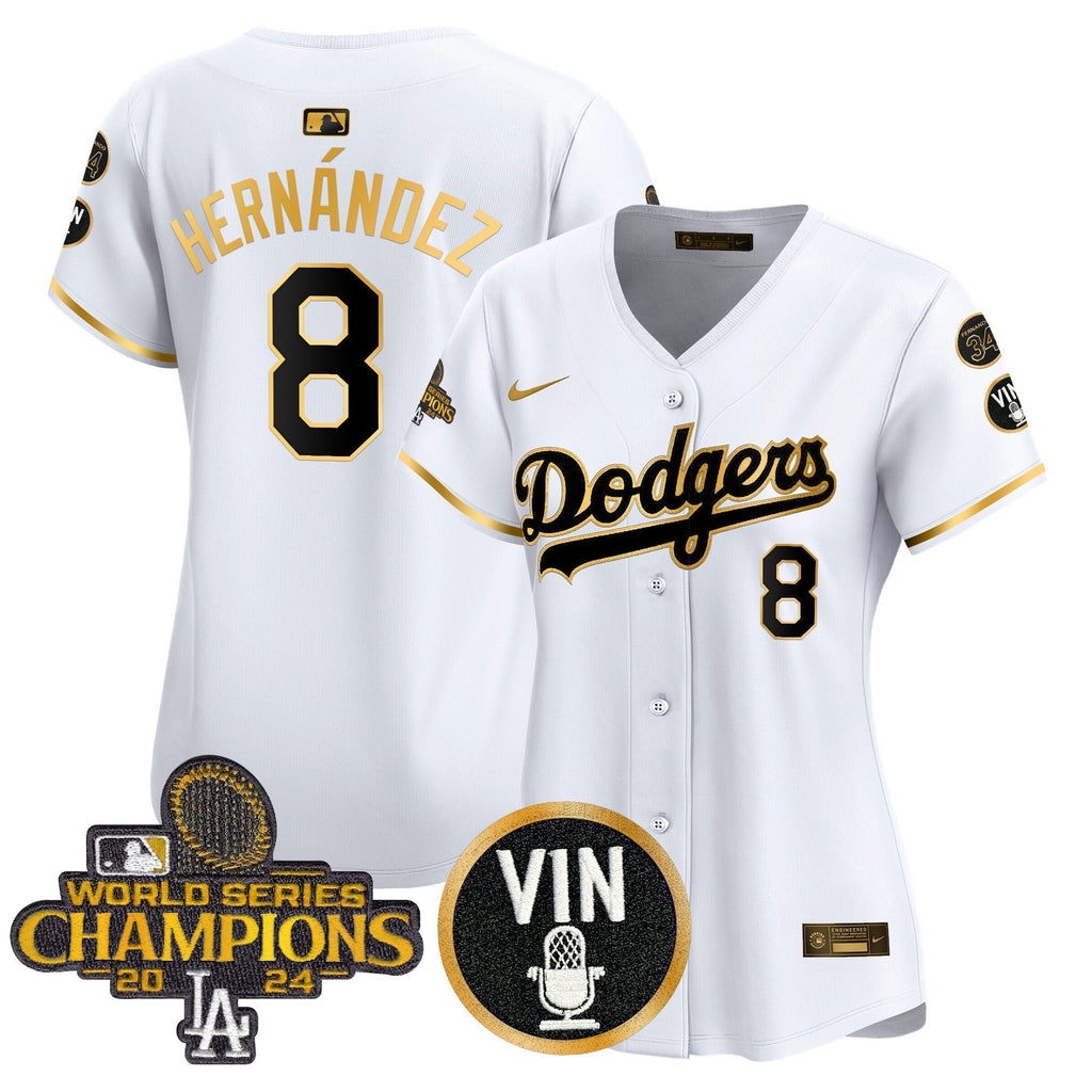 Women's Dodgers 2025 Vin Scully & #34 Fernando Patch Gold Vapor Premier Limited Jersey - Stitched