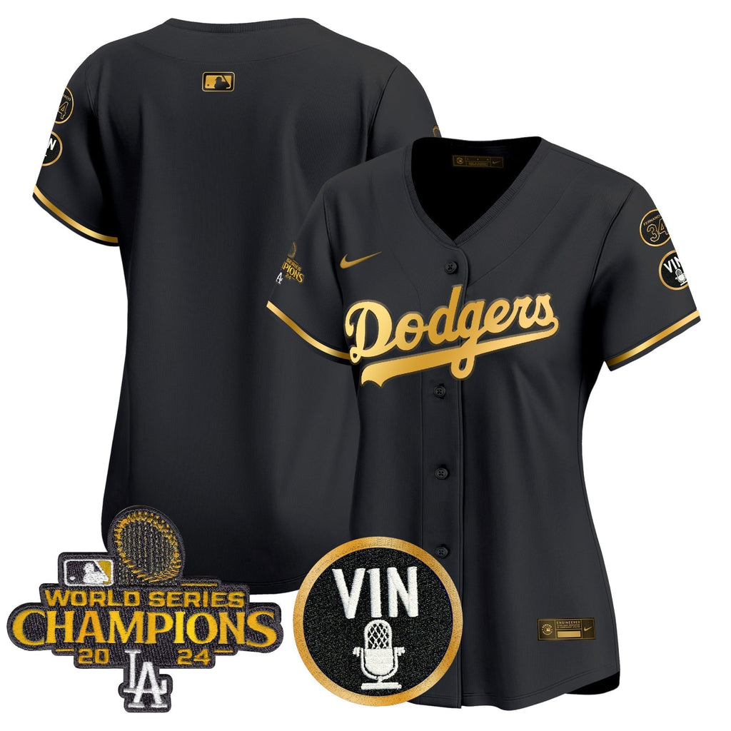 Women's Dodgers 2025 Vin Scully & #34 Fernando Patch Gold Vapor Premier Limited Jersey - Stitched