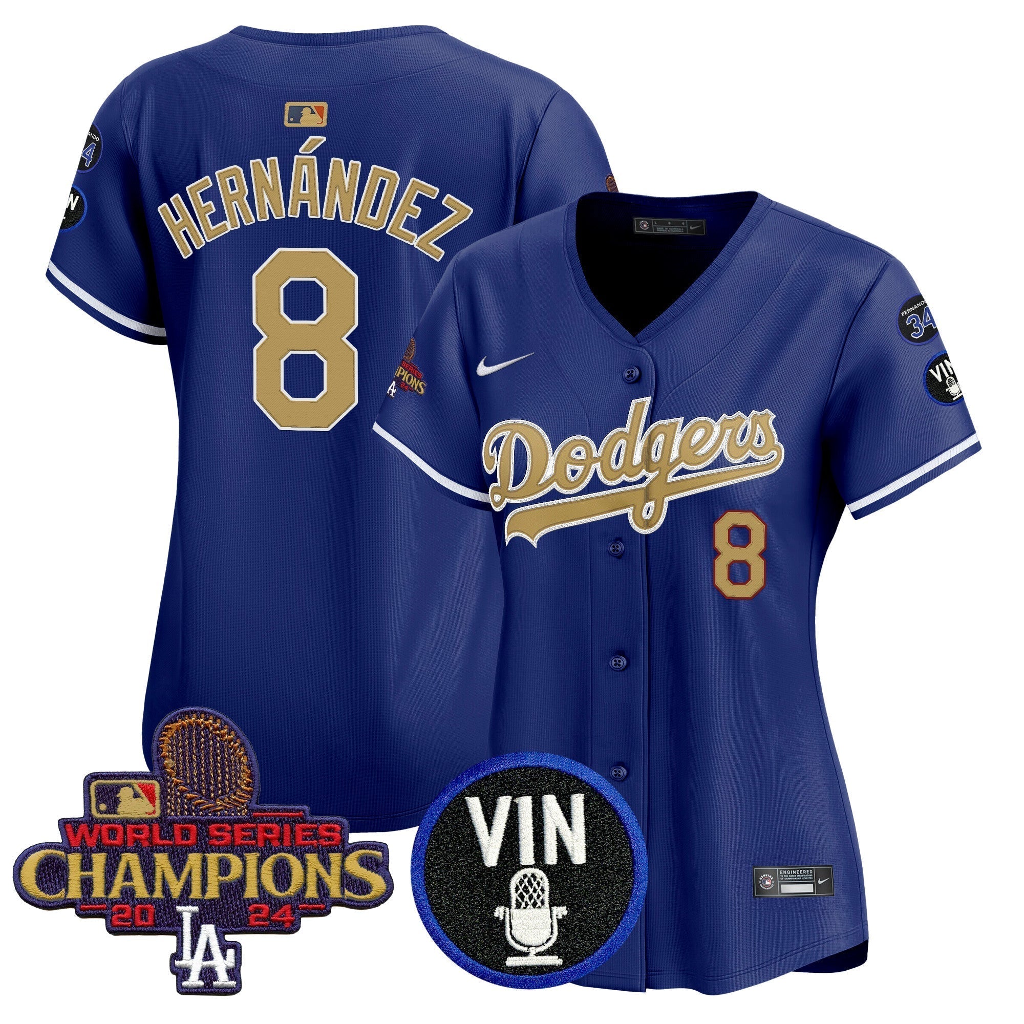Women's Dodgers 2025 Vin Scully & #34 Fernando Patch Gold Vapor Premier Limited Jersey - Stitched