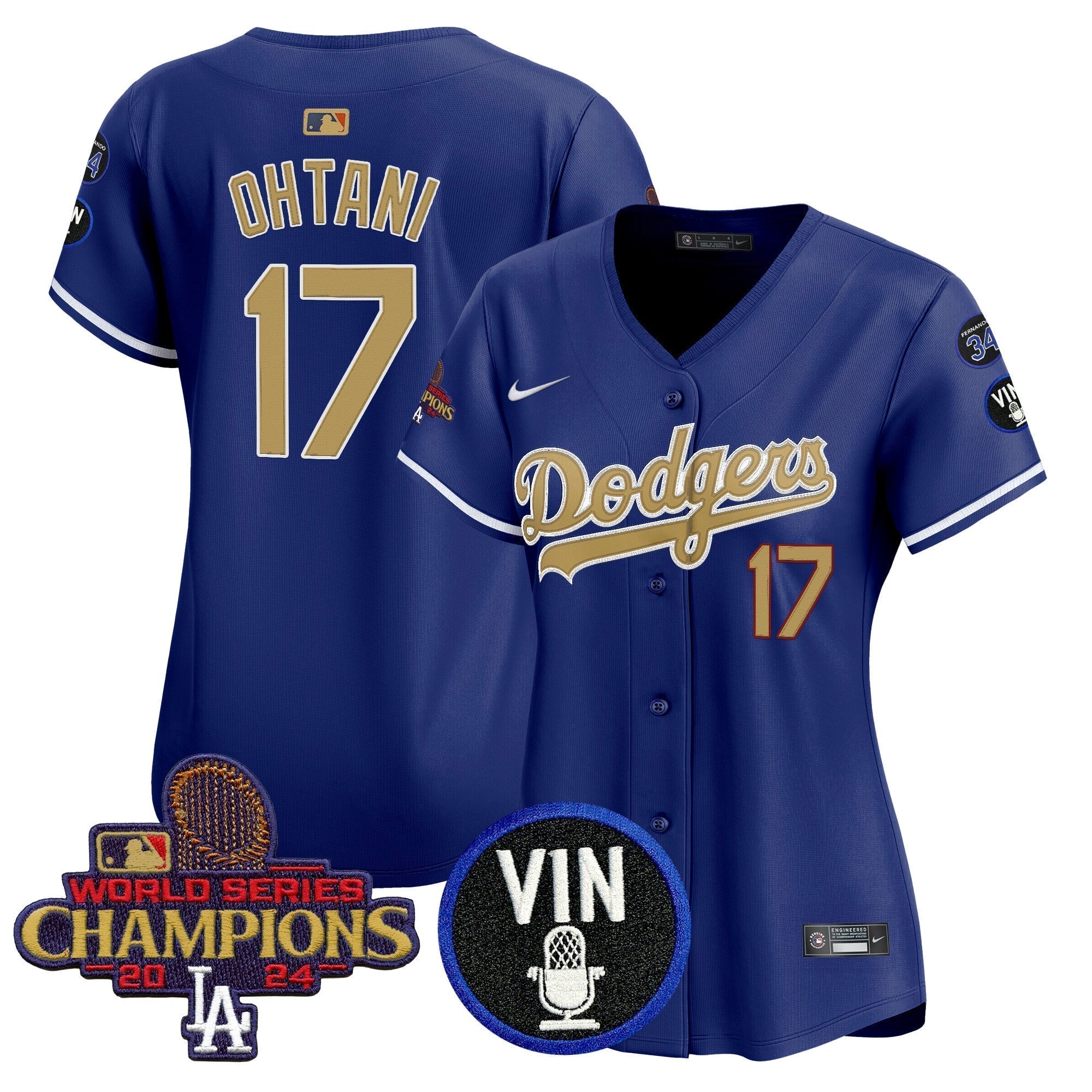 Women's Dodgers 2025 Vin Scully & #34 Fernando Patch Gold Vapor Premier Limited Jersey - Stitched
