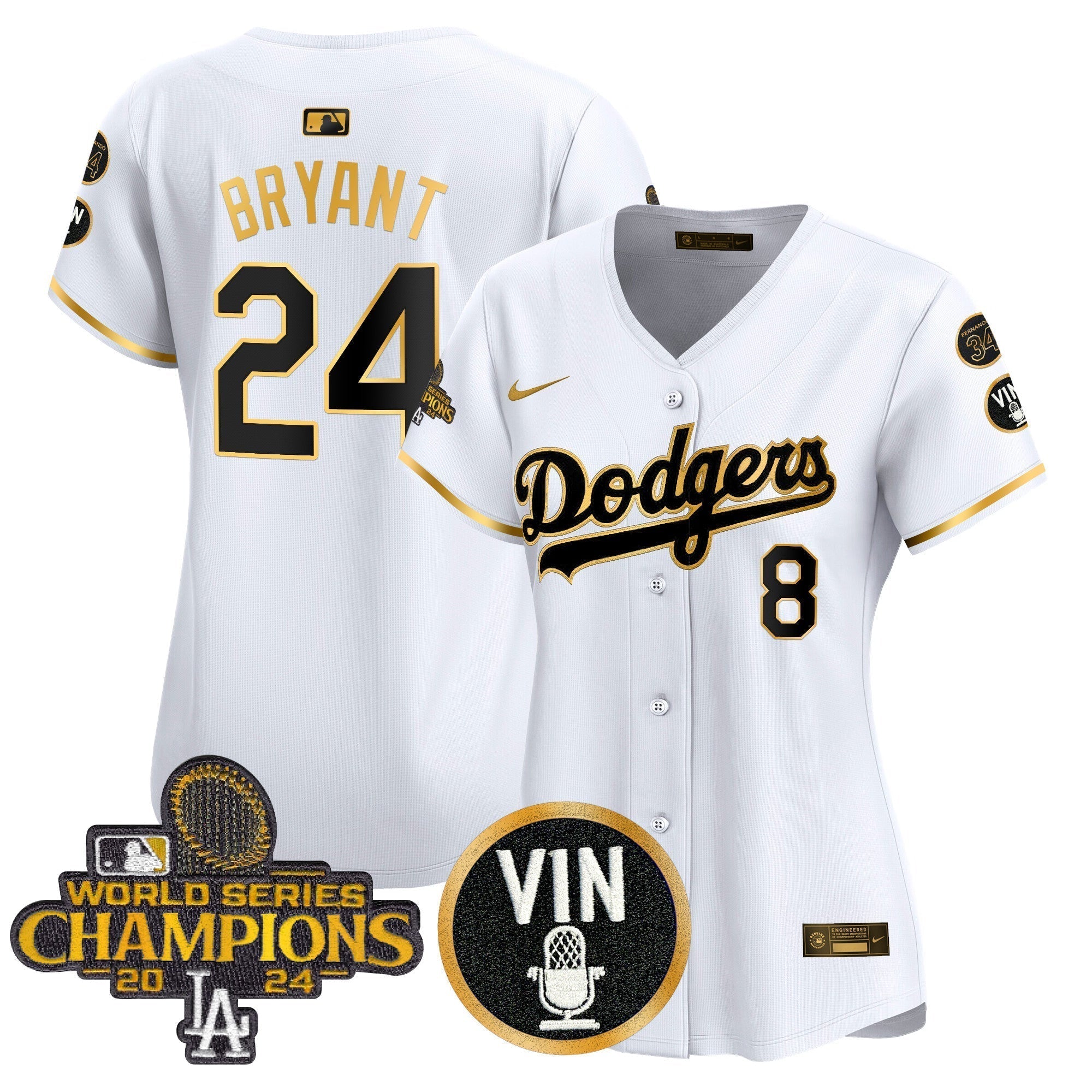 Women's Dodgers 2025 Vin Scully & #34 Fernando Patch Gold Vapor Premier Limited Jersey - Stitched