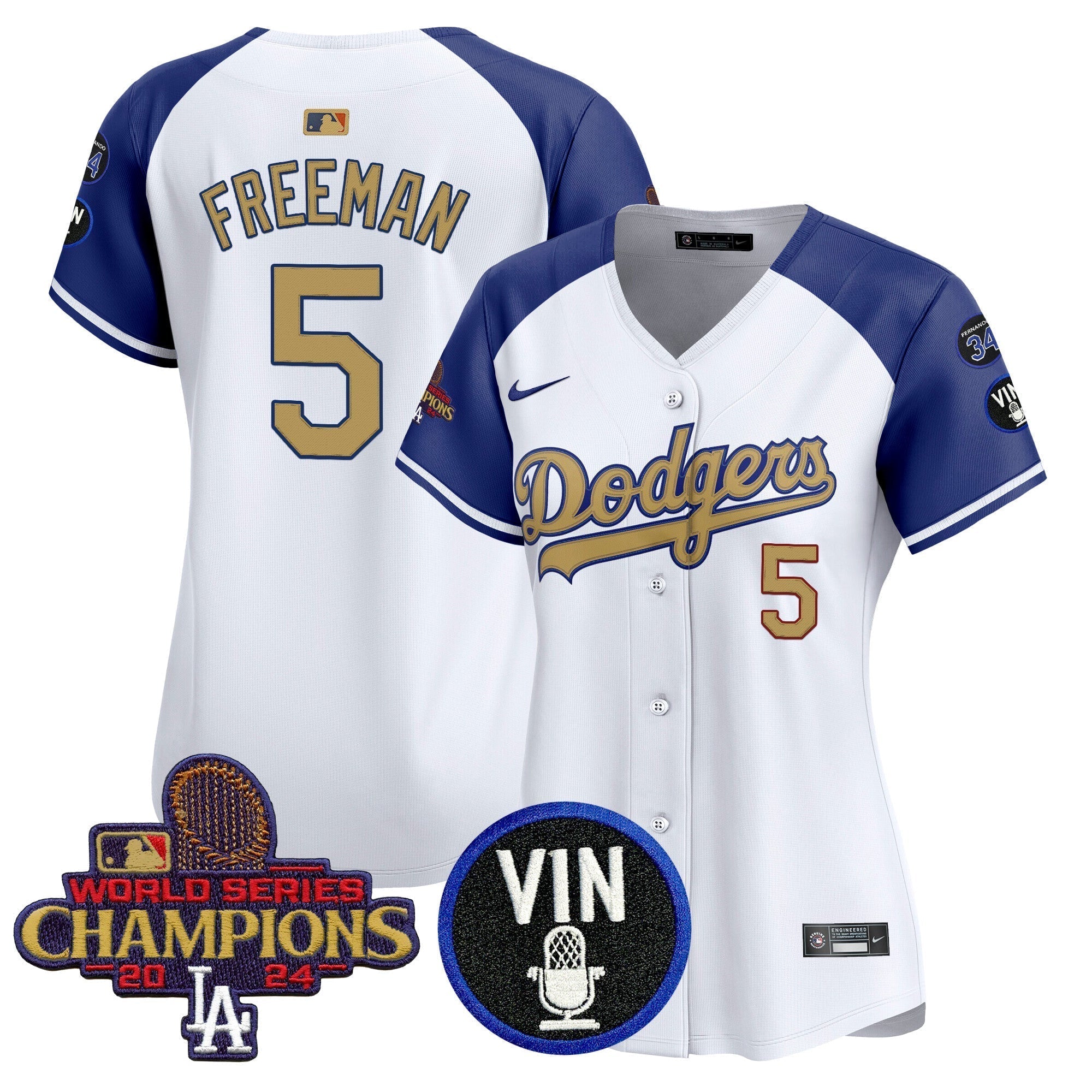 Women's Dodgers 2025 Vin Scully & #34 Fernando Patch Gold Vapor Premier Limited Jersey - Stitched