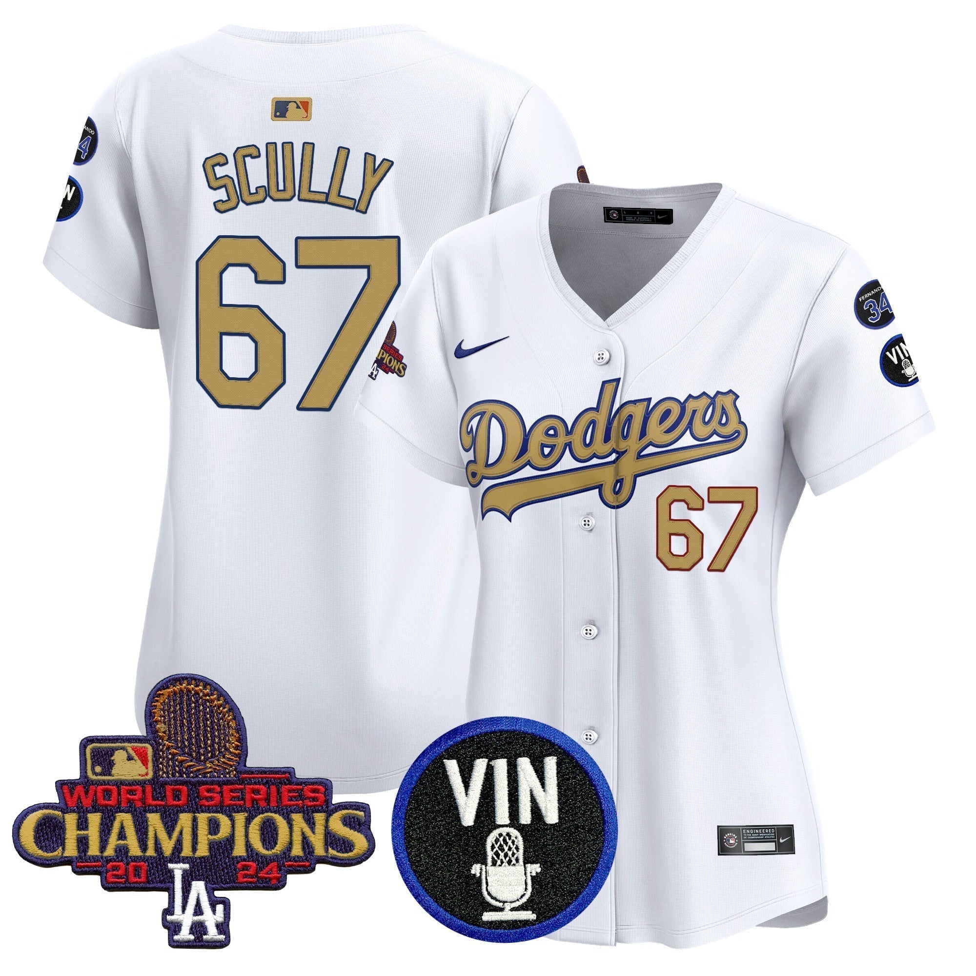 Women's Dodgers 2025 Vin Scully & #34 Fernando Patch Gold Vapor Premier Limited Jersey - Stitched