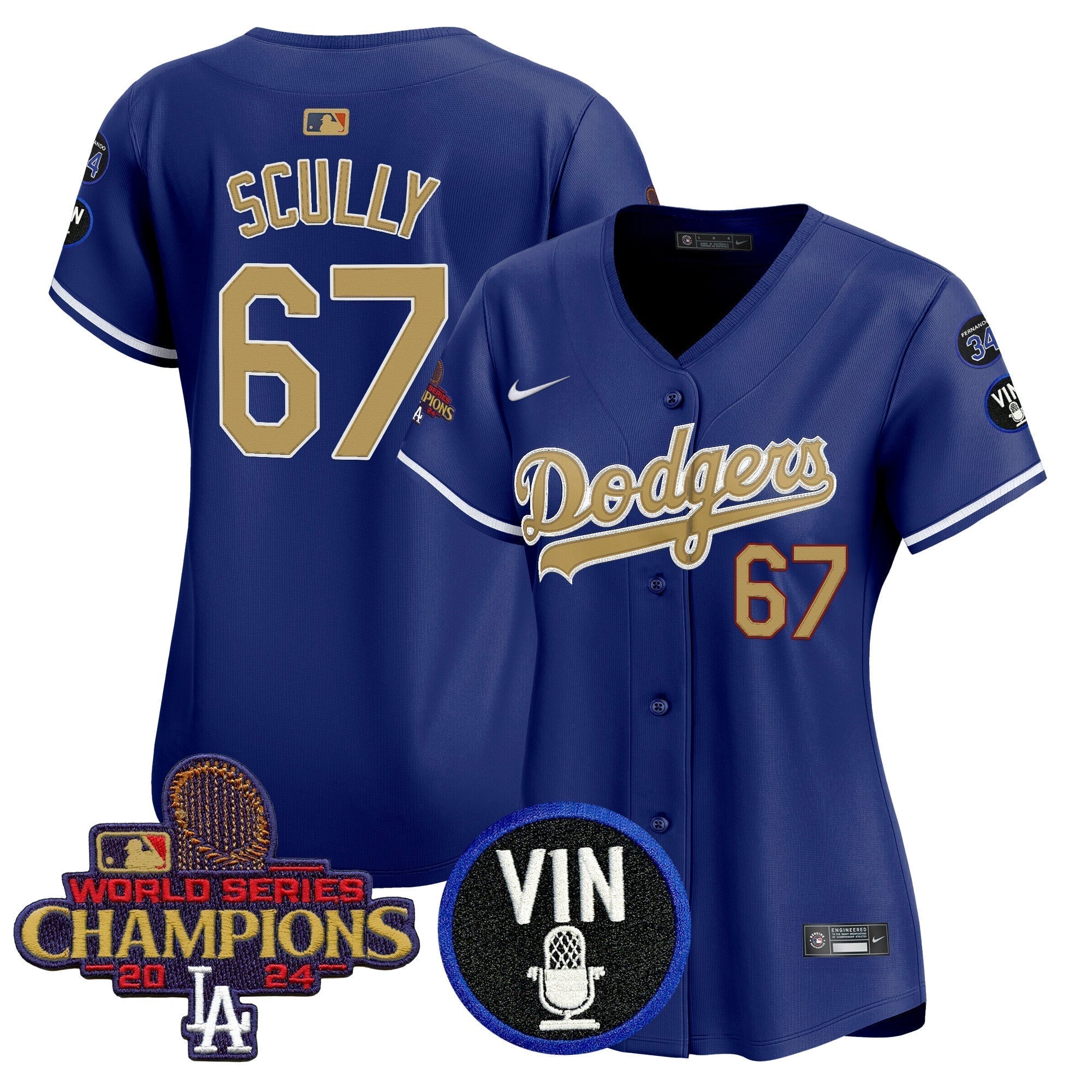 Women's Dodgers 2025 Vin Scully & #34 Fernando Patch Gold Vapor Premier Limited Jersey - Stitched