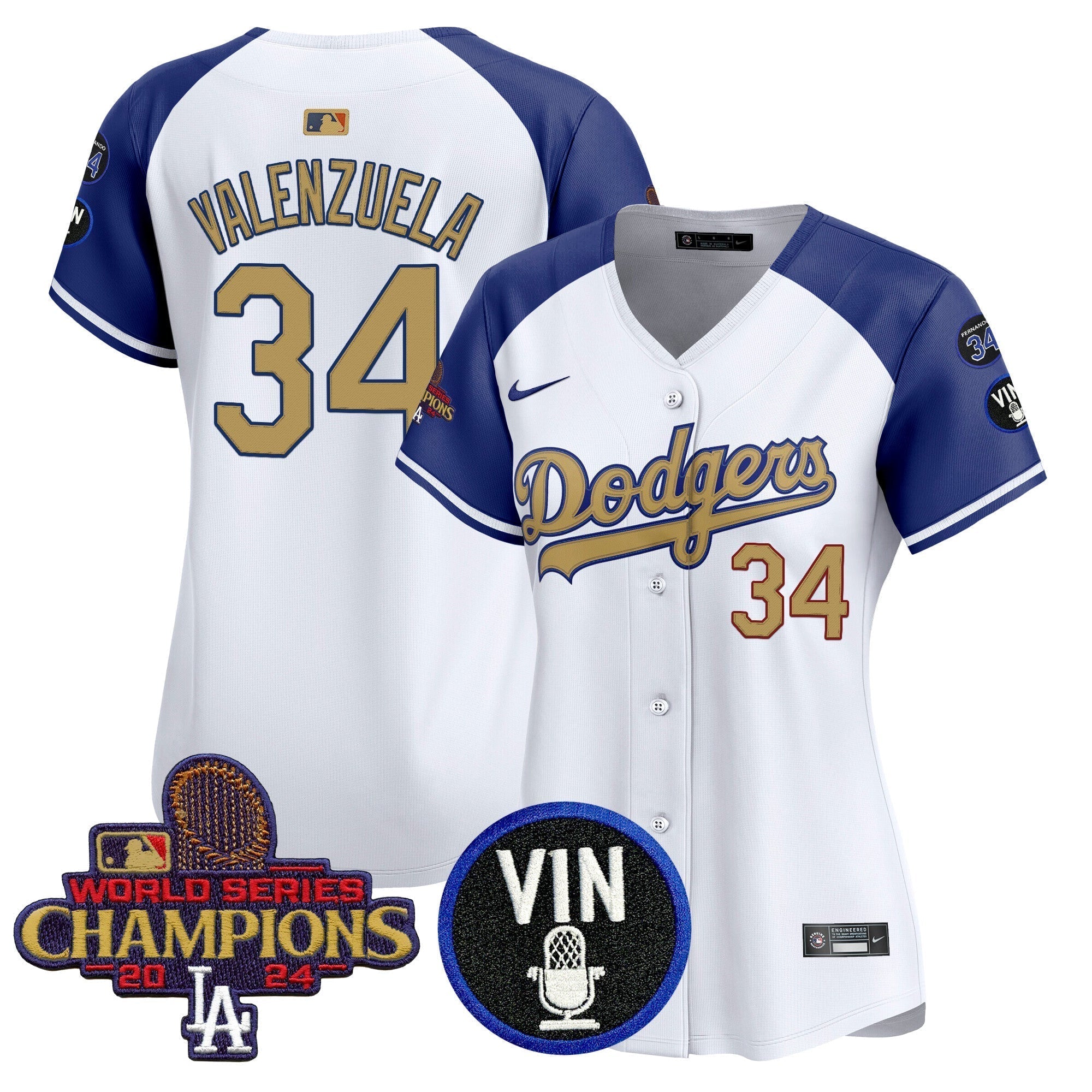 Women's Dodgers 2025 Vin Scully & #34 Fernando Patch Gold Vapor Premier Limited Jersey - Stitched