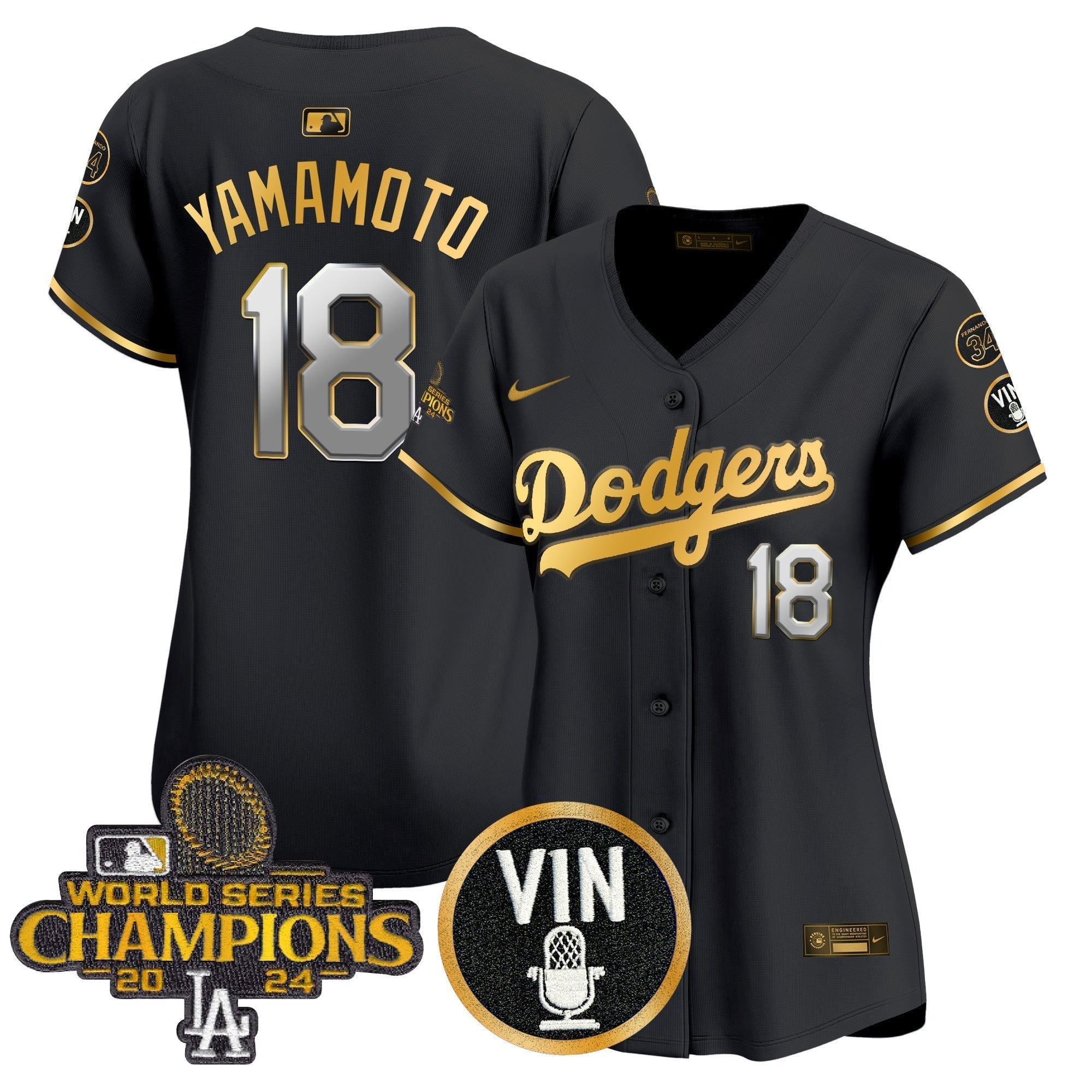 Women's Dodgers 2025 Vin Scully & #34 Fernando Patch Gold Vapor Premier Limited Jersey - Stitched