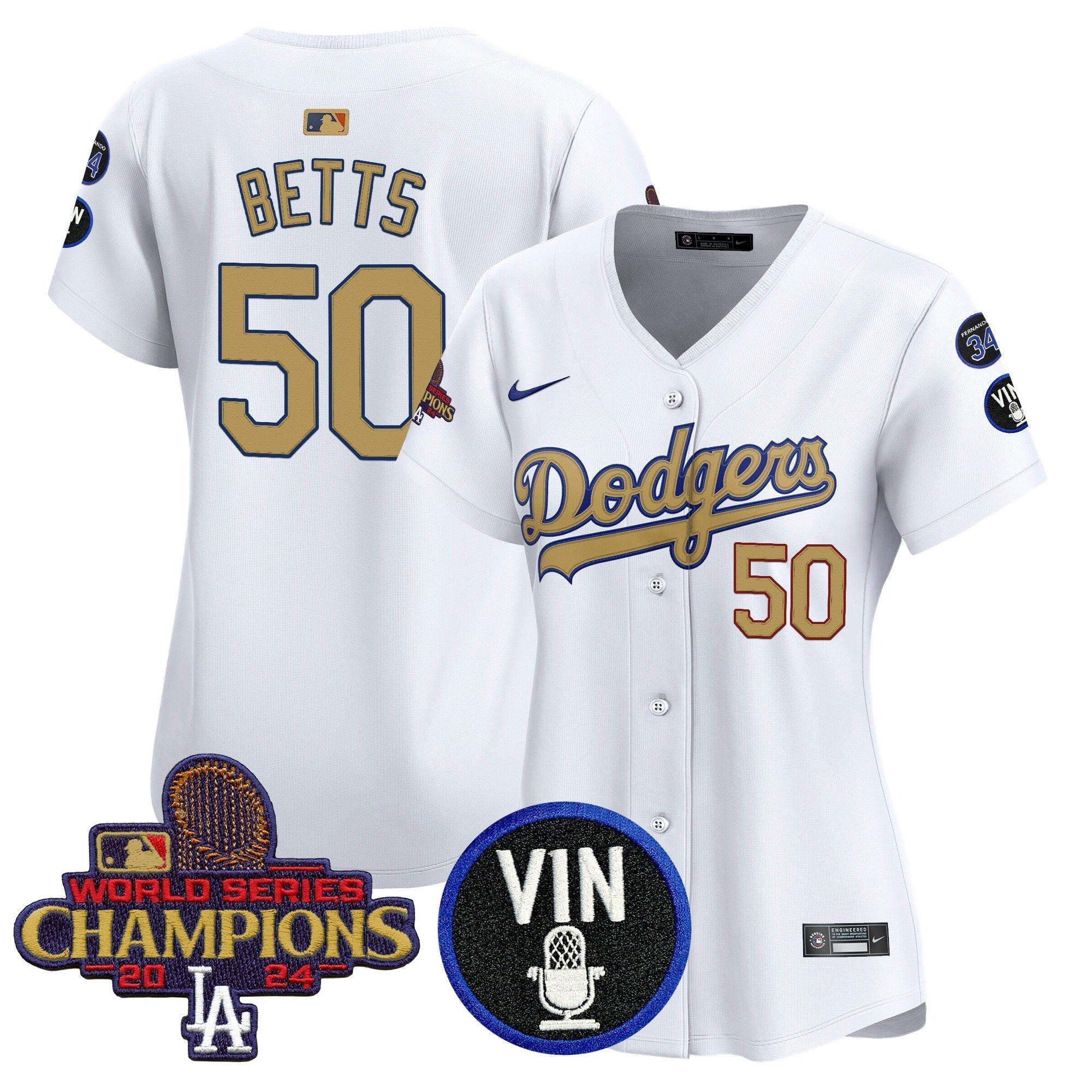 Women's Dodgers 2025 Vin Scully & #34 Fernando Patch Gold Vapor Premier Limited Jersey - Stitched