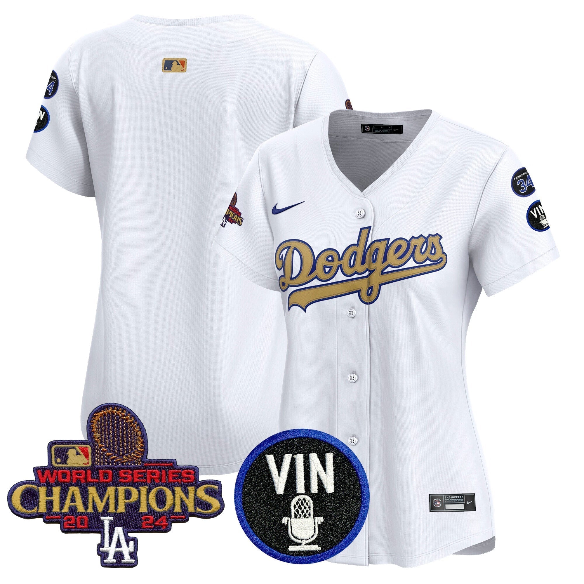 Women's Dodgers 2025 Vin Scully & #34 Fernando Patch Gold Vapor Premier Limited Jersey - Stitched
