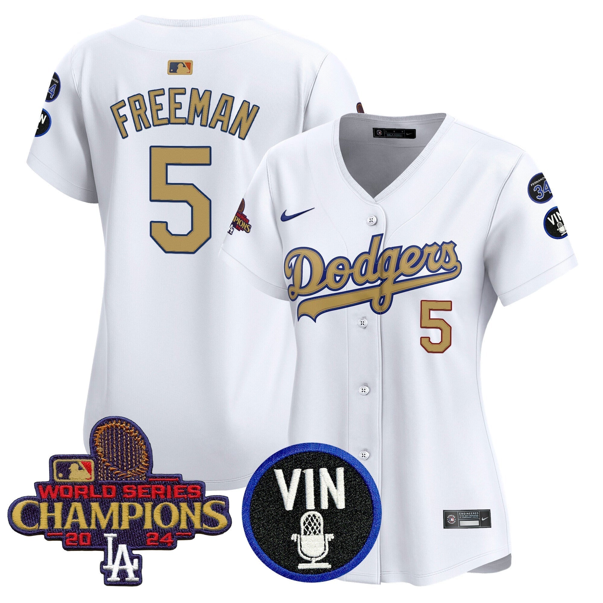 Women's Dodgers 2025 Vin Scully & #34 Fernando Patch Gold Vapor Premier Limited Jersey - Stitched