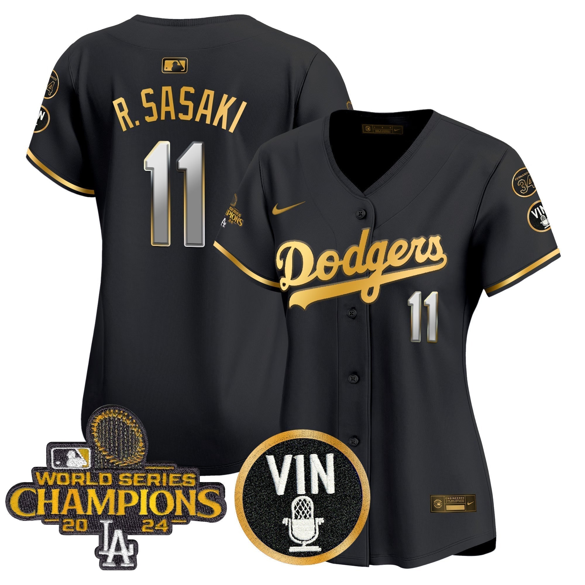 Women's Dodgers 2025 Vin Scully & #34 Fernando Patch Gold Vapor Premier Limited Jersey - Stitched