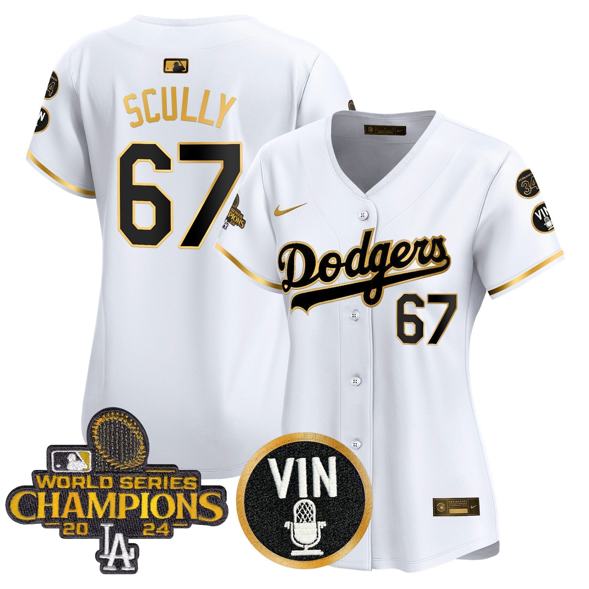 Women's Dodgers 2025 Vin Scully & #34 Fernando Patch Gold Vapor Premier Limited Jersey - Stitched