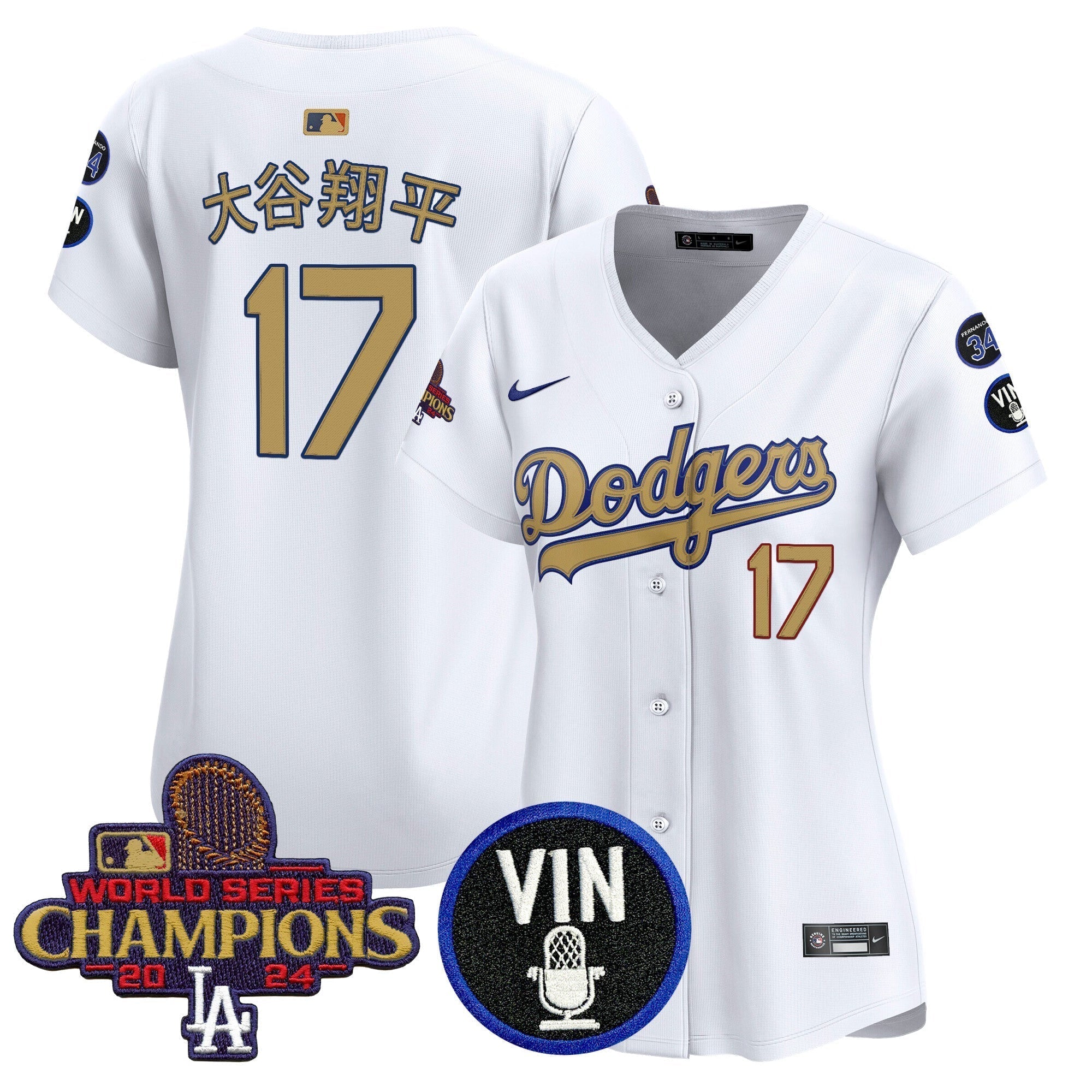 Women's Dodgers 2025 Vin Scully & #34 Fernando Patch Gold Vapor Premier Limited Jersey - Stitched