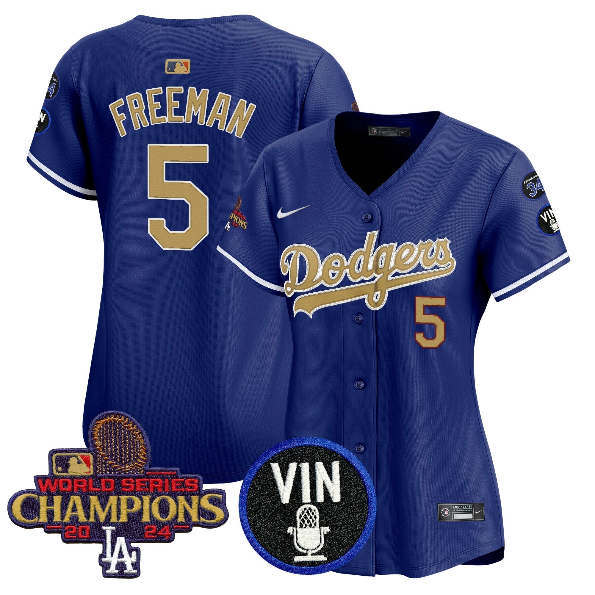 Women's Dodgers 2025 Vin Scully & #34 Fernando Patch Gold Vapor Premier Limited Jersey - Stitched