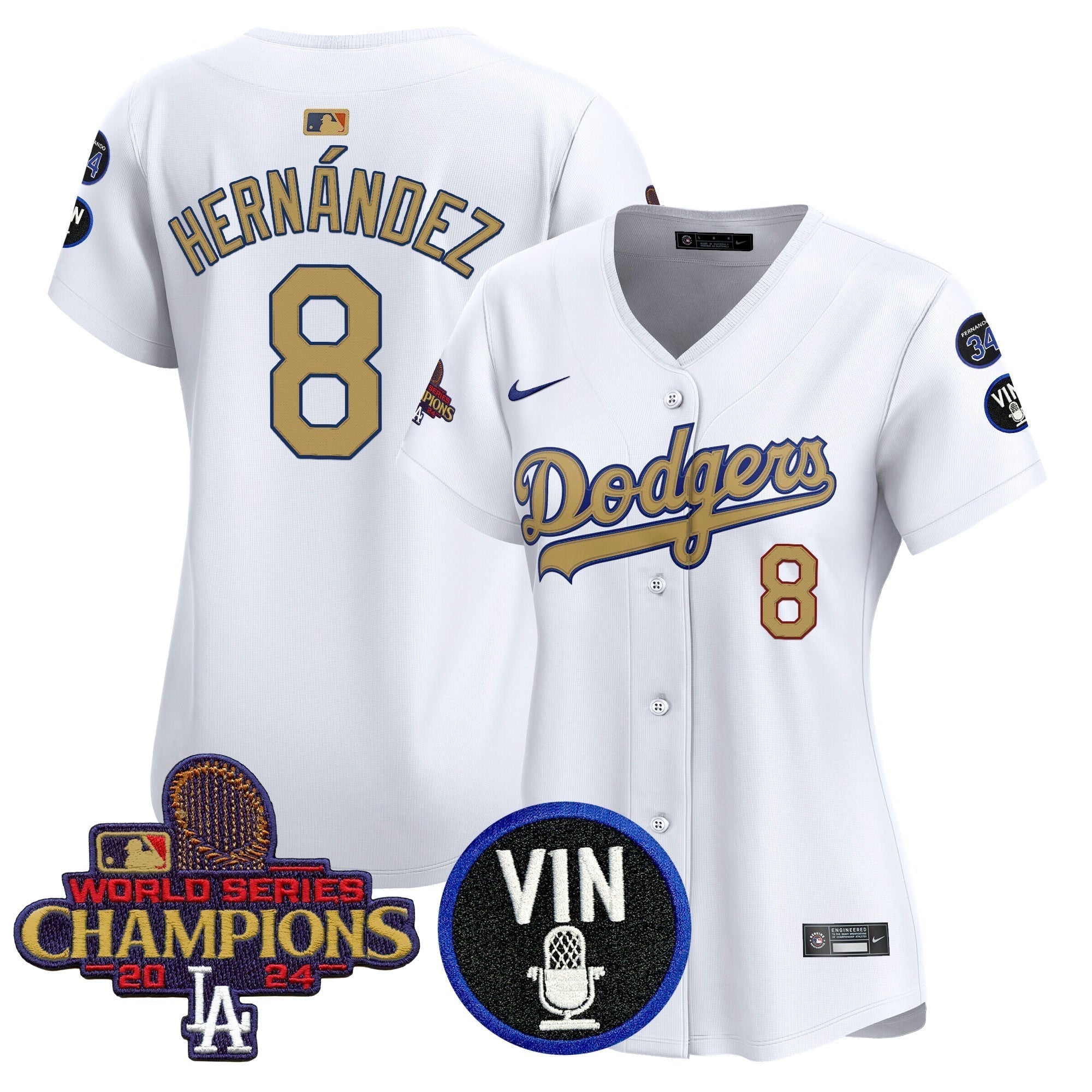 Women's Dodgers 2025 Vin Scully & #34 Fernando Patch Gold Vapor Premier Limited Jersey - Stitched