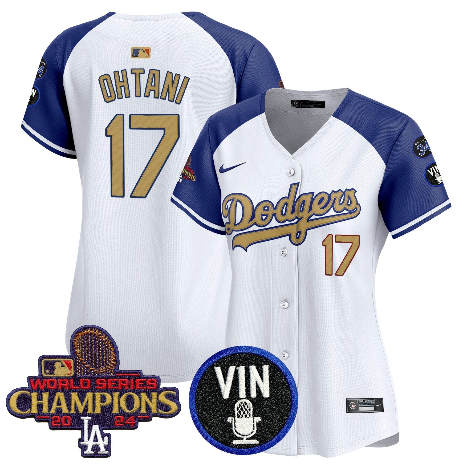 Women's Dodgers 2025 Vin Scully & #34 Fernando Patch Gold Vapor Premier Limited Jersey - Stitched
