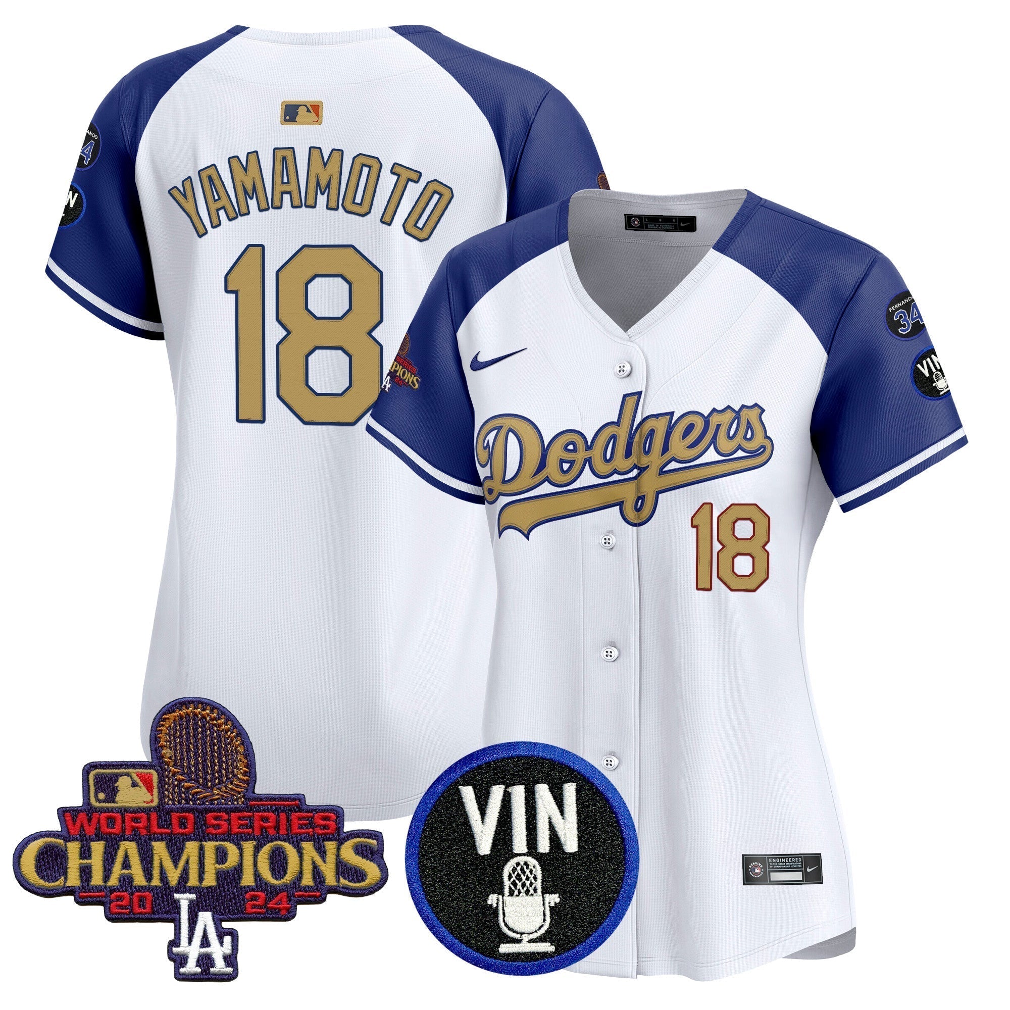 Women's Dodgers 2025 Vin Scully & #34 Fernando Patch Gold Vapor Premier Limited Jersey - Stitched