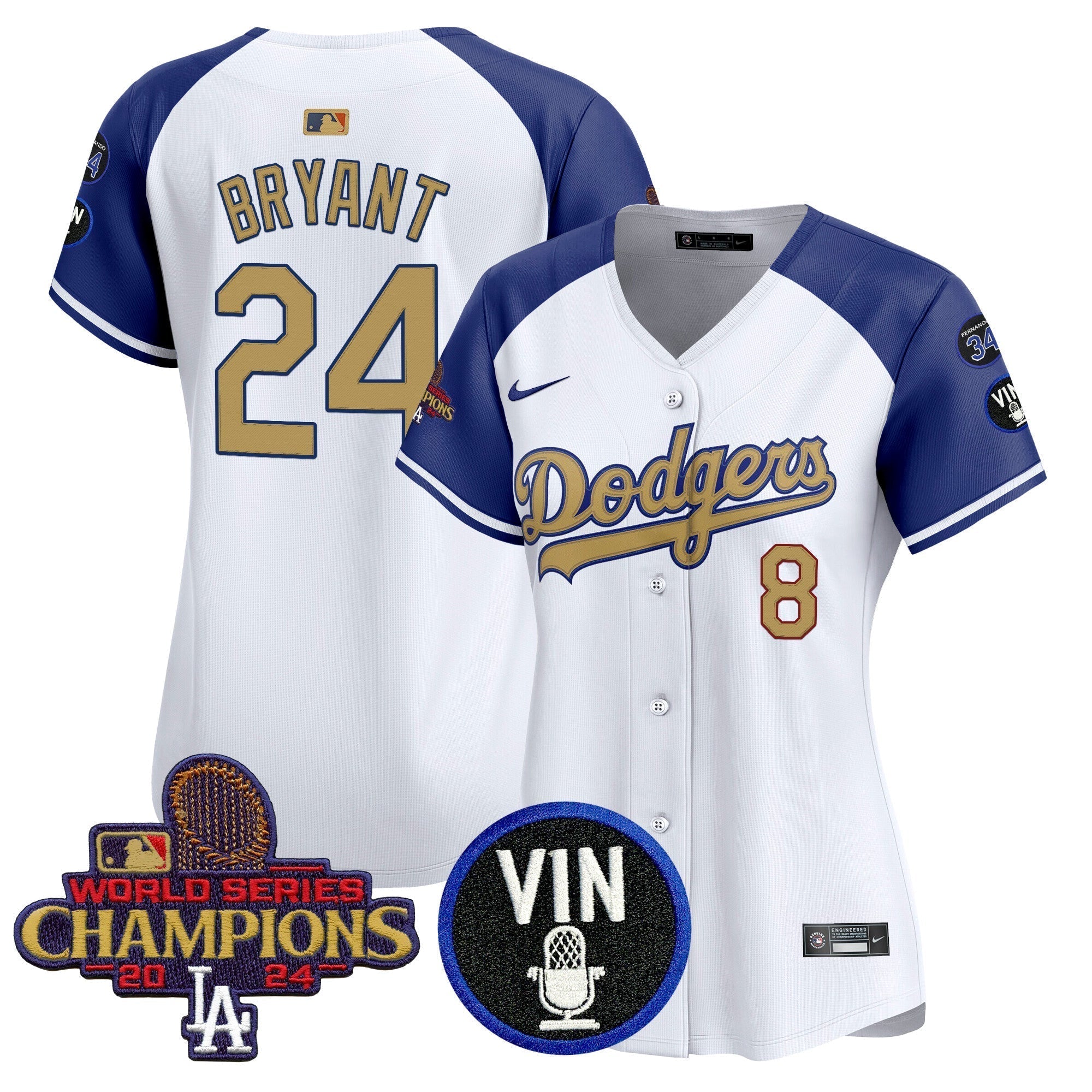 Women's Dodgers 2025 Vin Scully & #34 Fernando Patch Gold Vapor Premier Limited Jersey - Stitched