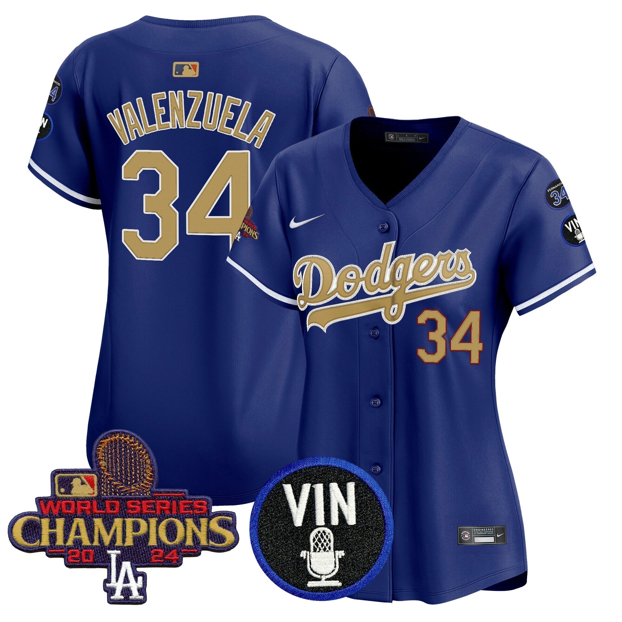 Women's Dodgers 2025 Vin Scully & #34 Fernando Patch Gold Vapor Premier Limited Jersey - Stitched