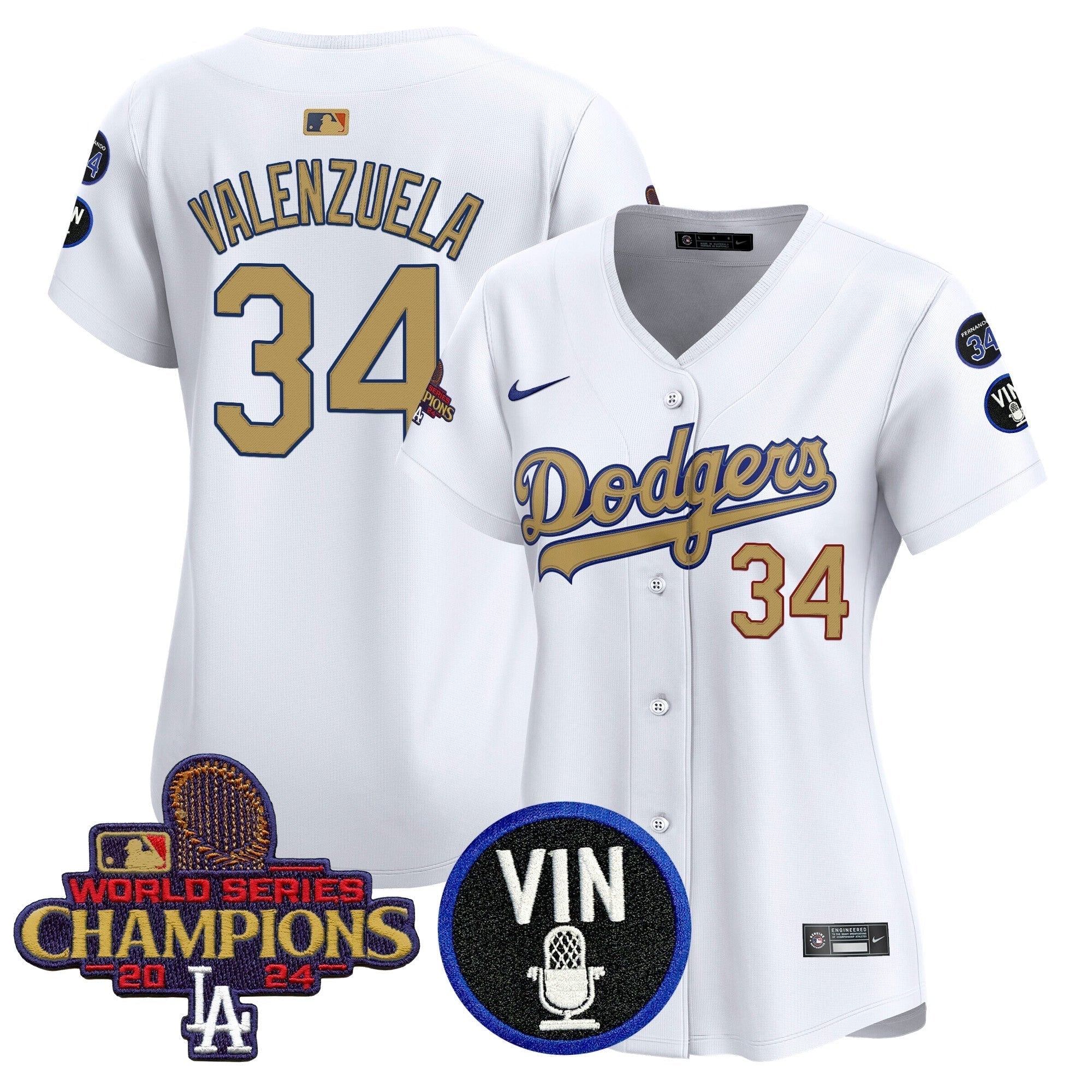 Women's Dodgers 2025 Vin Scully & #34 Fernando Patch Gold Vapor Premier Limited Jersey - Stitched
