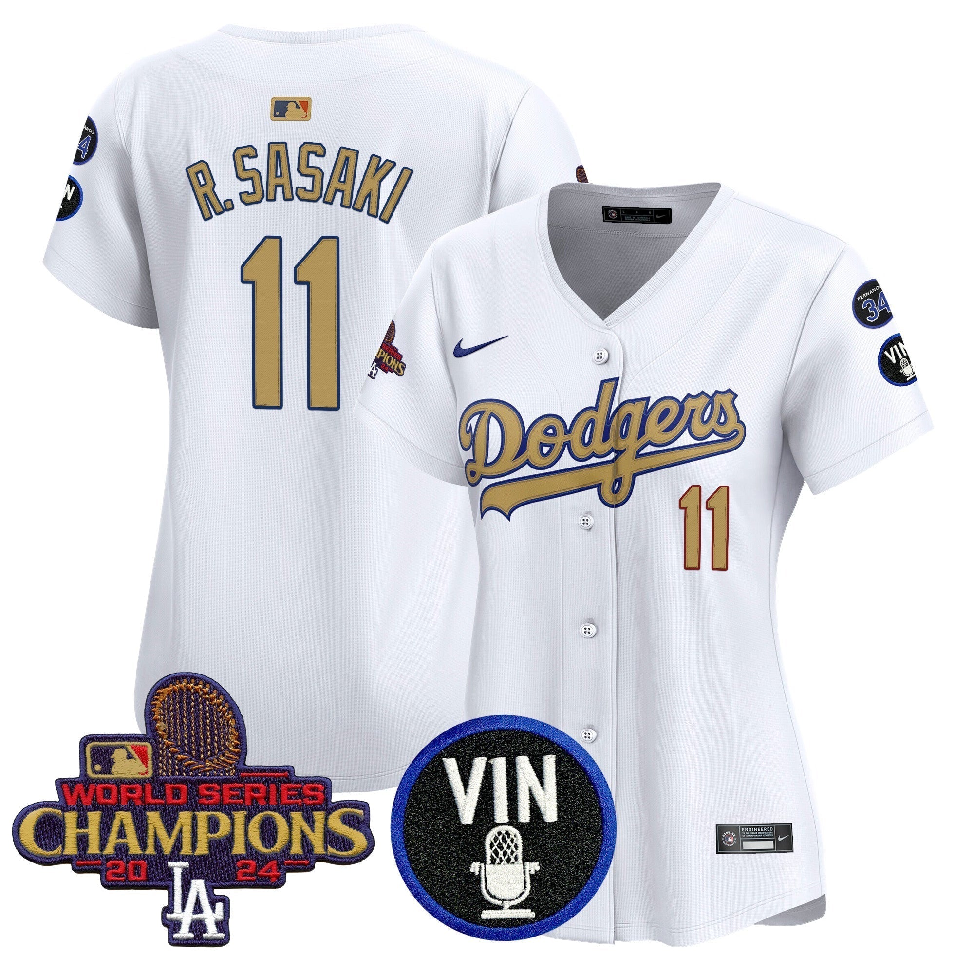 Women's Dodgers 2025 Vin Scully & #34 Fernando Patch Gold Vapor Premier Limited Jersey - Stitched