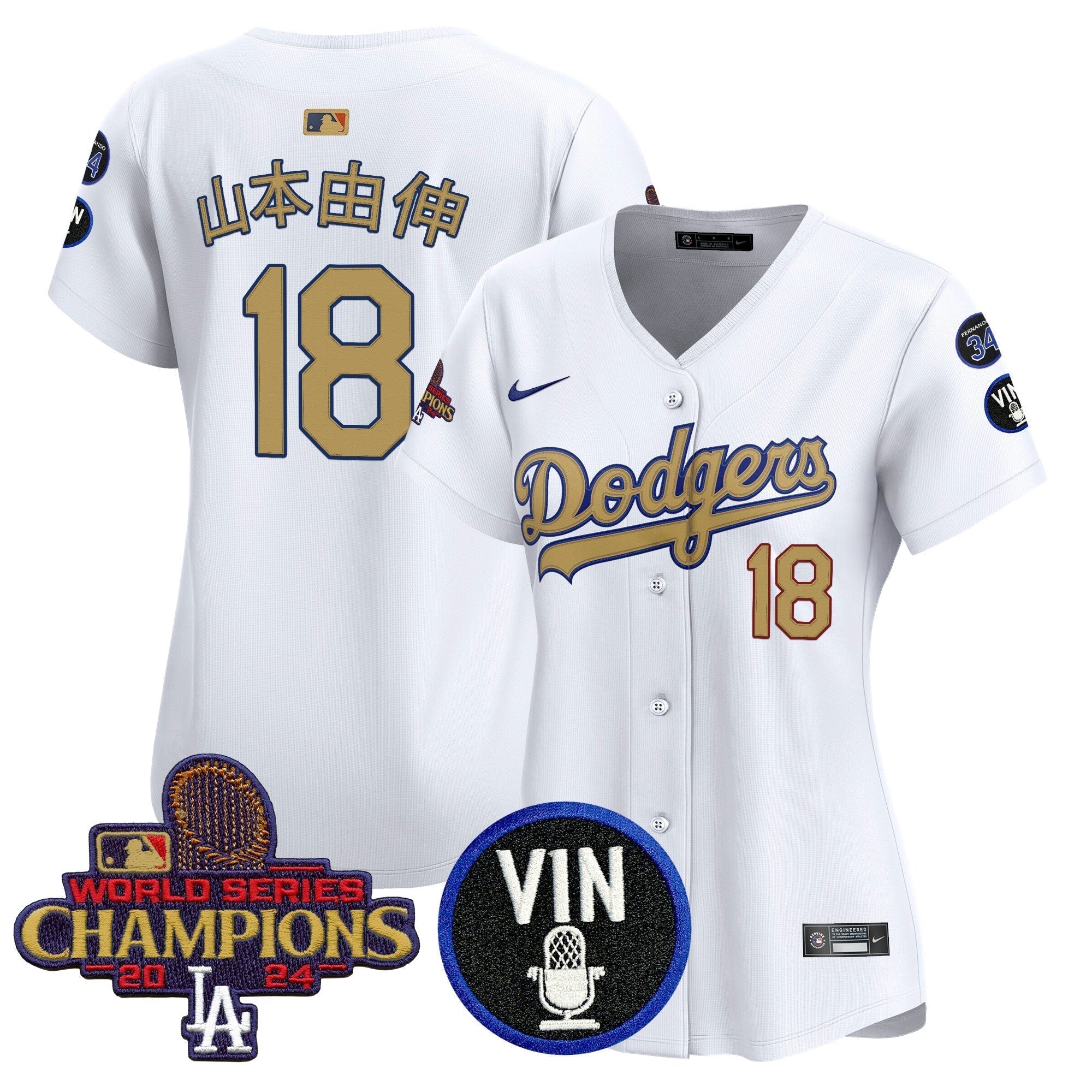 Women's Dodgers 2025 Vin Scully & #34 Fernando Patch Gold Vapor Premier Limited Jersey - Stitched