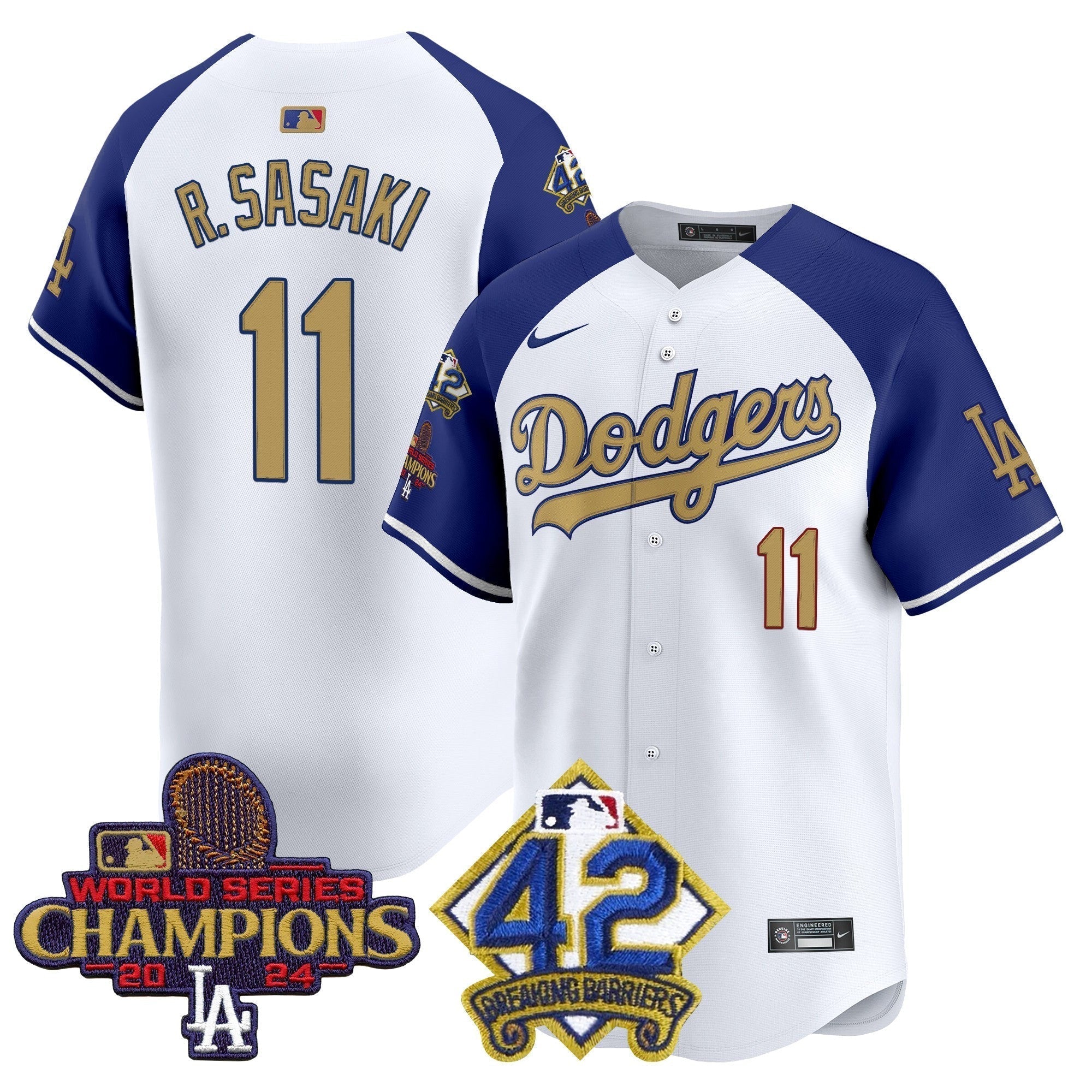 Dodgers 2024 World Series Champions & Jackie Robinson Patch Vapor Premier Limited Jersey - Stitched