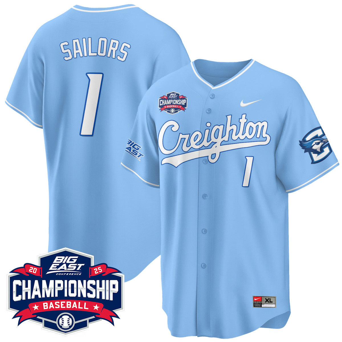 Creighton Bluejays Baseball 2025 Big East Baseball Tournament Champions Jersey - Stitched