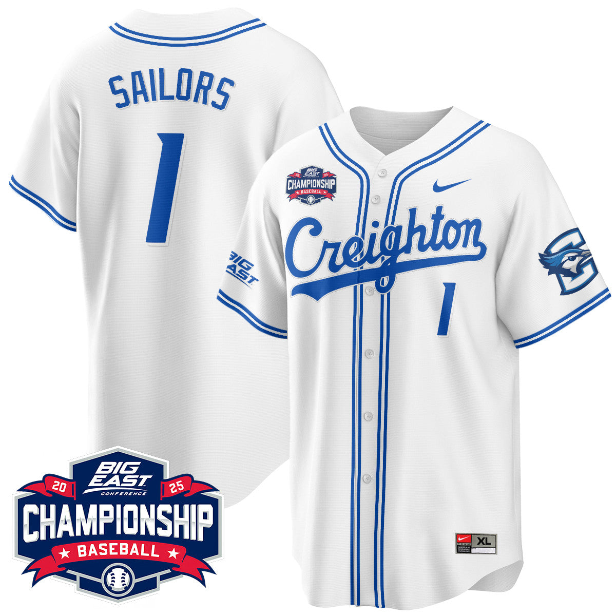 Creighton Bluejays Baseball 2025 Big East Baseball Tournament Champions Jersey - Stitched