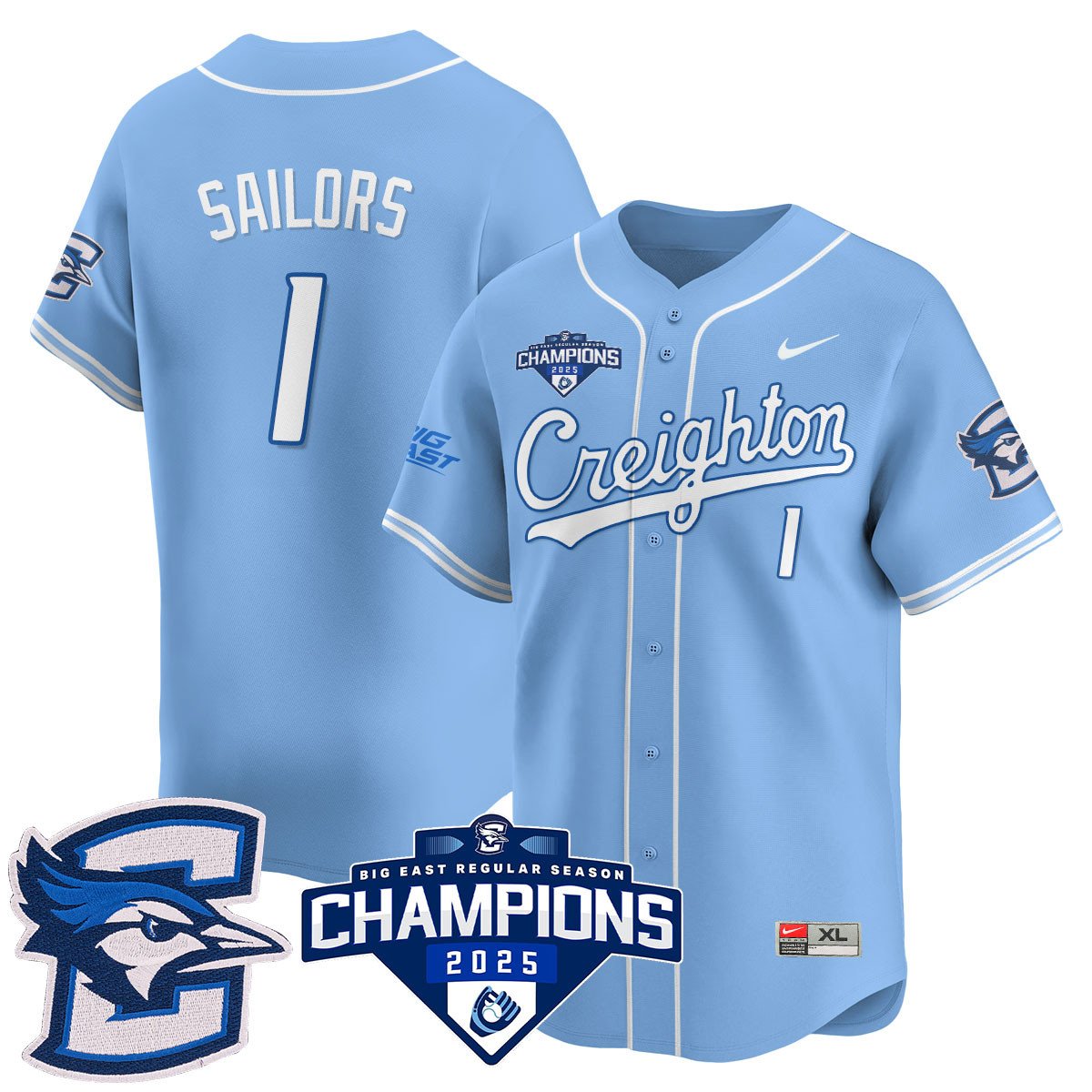 Creighton Bluejays Baseball 2025 Big East Baseball Tournament Champions Jersey N1 - Stitched