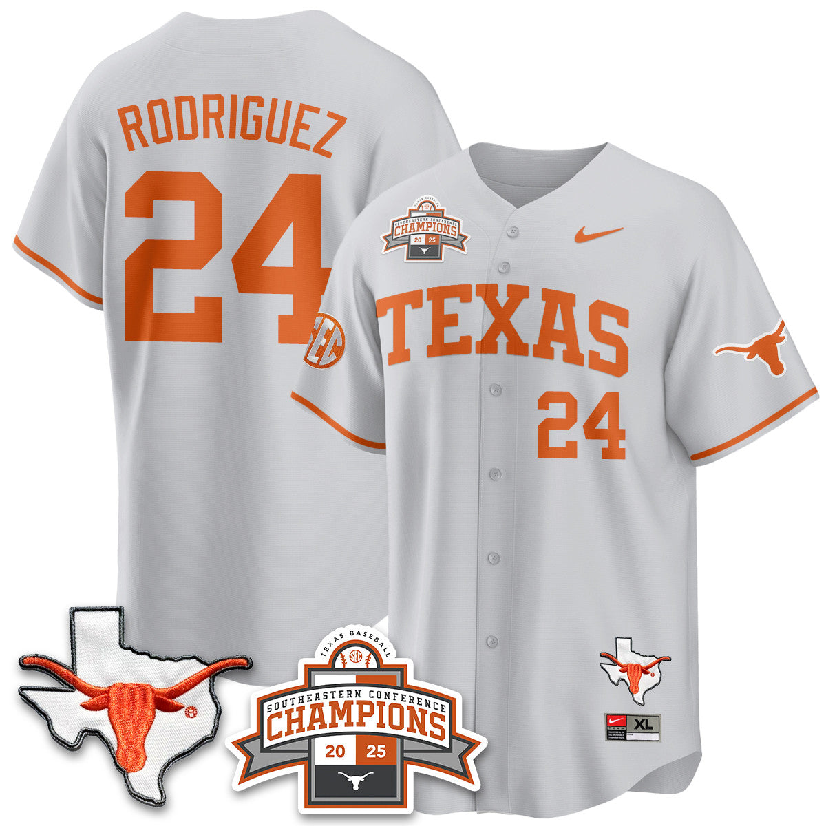 Texas Baseball 2025 Southeastern Conference Champions Jersey - Stitched