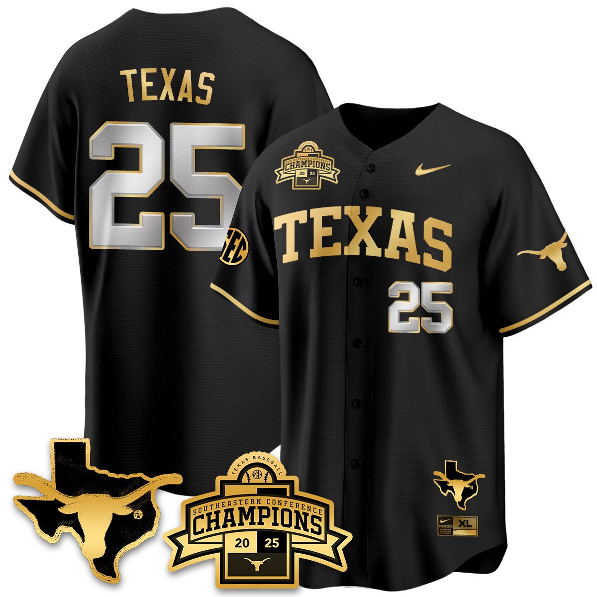 Texas Baseball 2025 Southeastern Conference Champions Jersey - Stitched