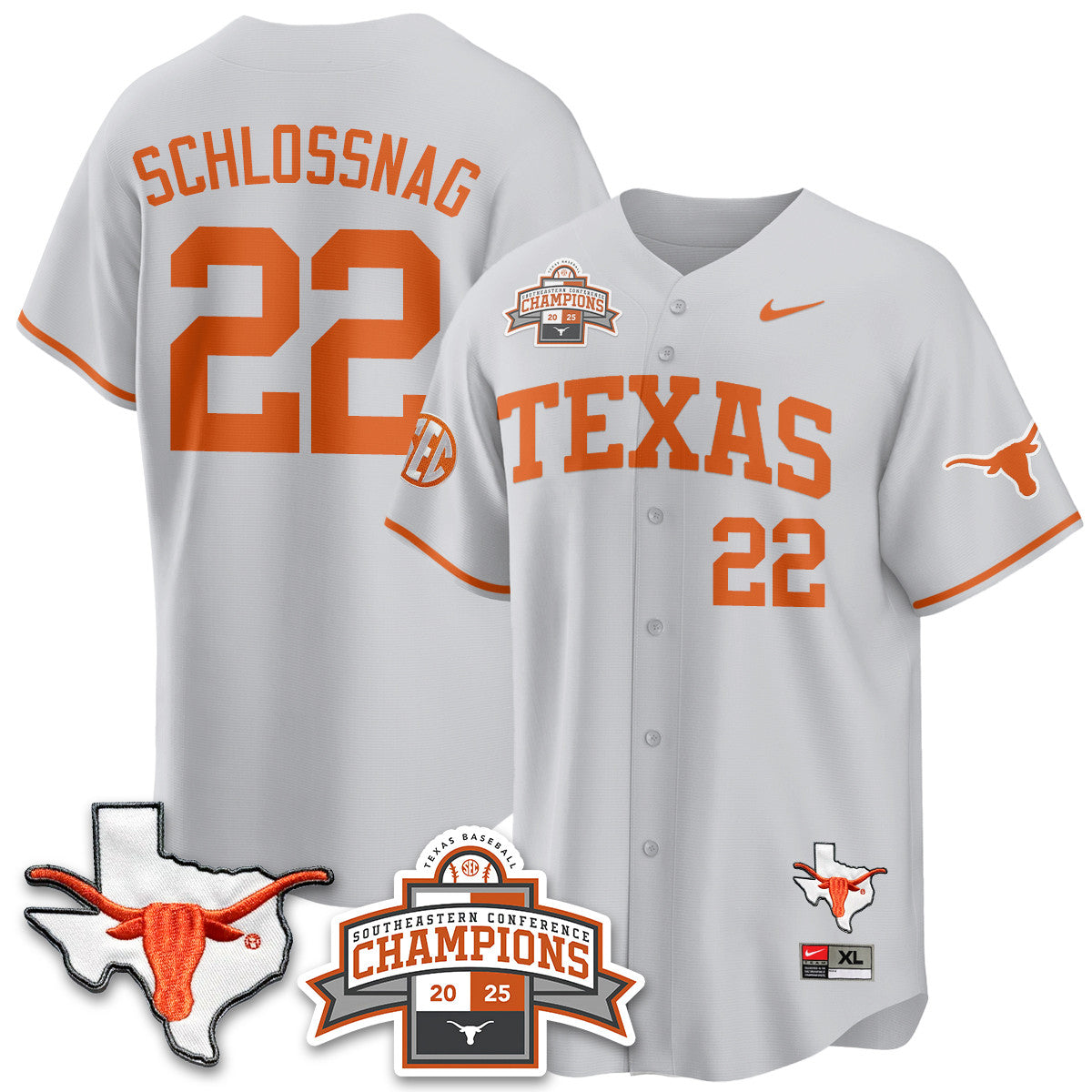 Texas Baseball 2025 Southeastern Conference Champions Jersey - Stitched
