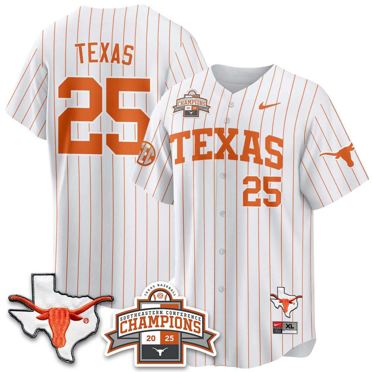 Texas Baseball 2025 Southeastern Conference Champions Jersey - Stitched