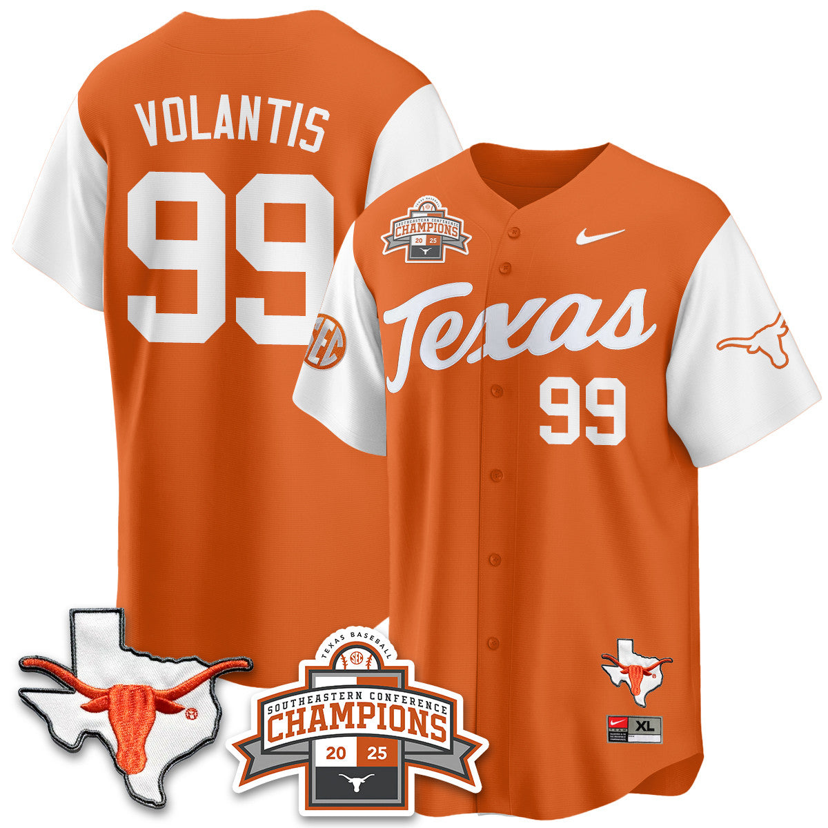 Texas Baseball 2025 Southeastern Conference Champions Jersey - Stitched