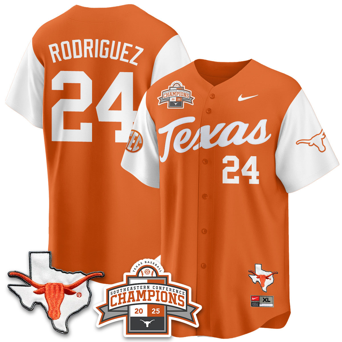 Texas Baseball 2025 Southeastern Conference Champions Jersey - Stitched