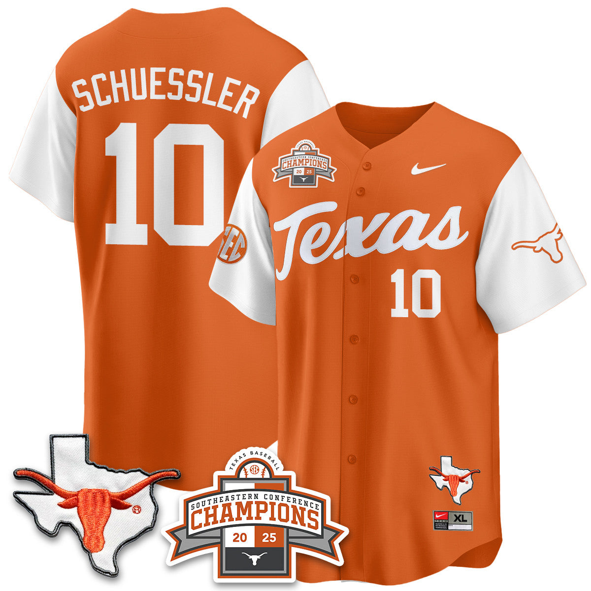 Texas Baseball 2025 Southeastern Conference Champions Jersey - Stitched