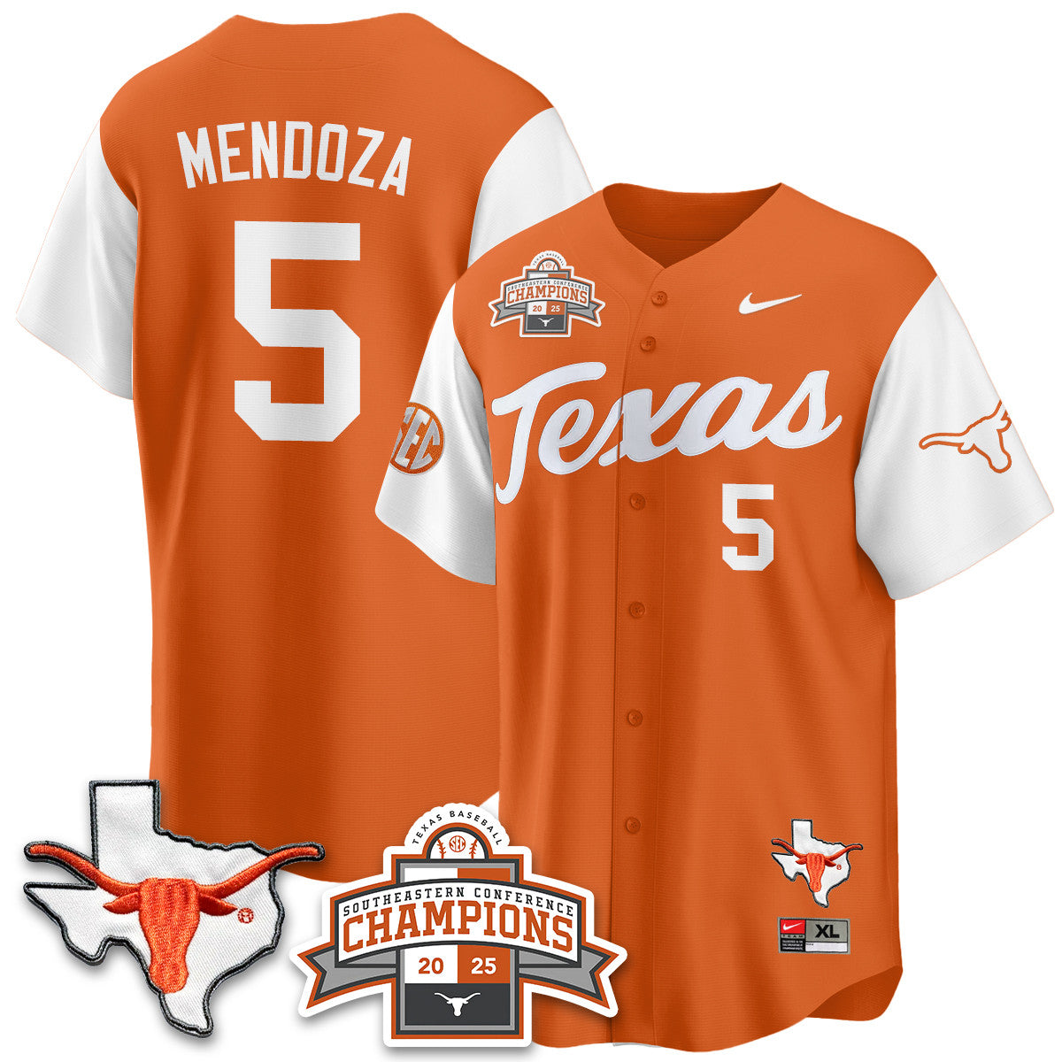 Texas Baseball 2025 Southeastern Conference Champions Jersey - Stitched