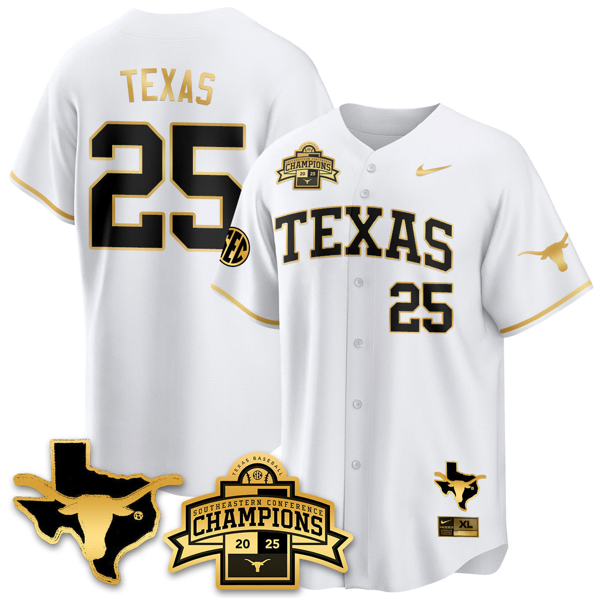 Texas Baseball 2025 Southeastern Conference Champions Jersey - Stitched