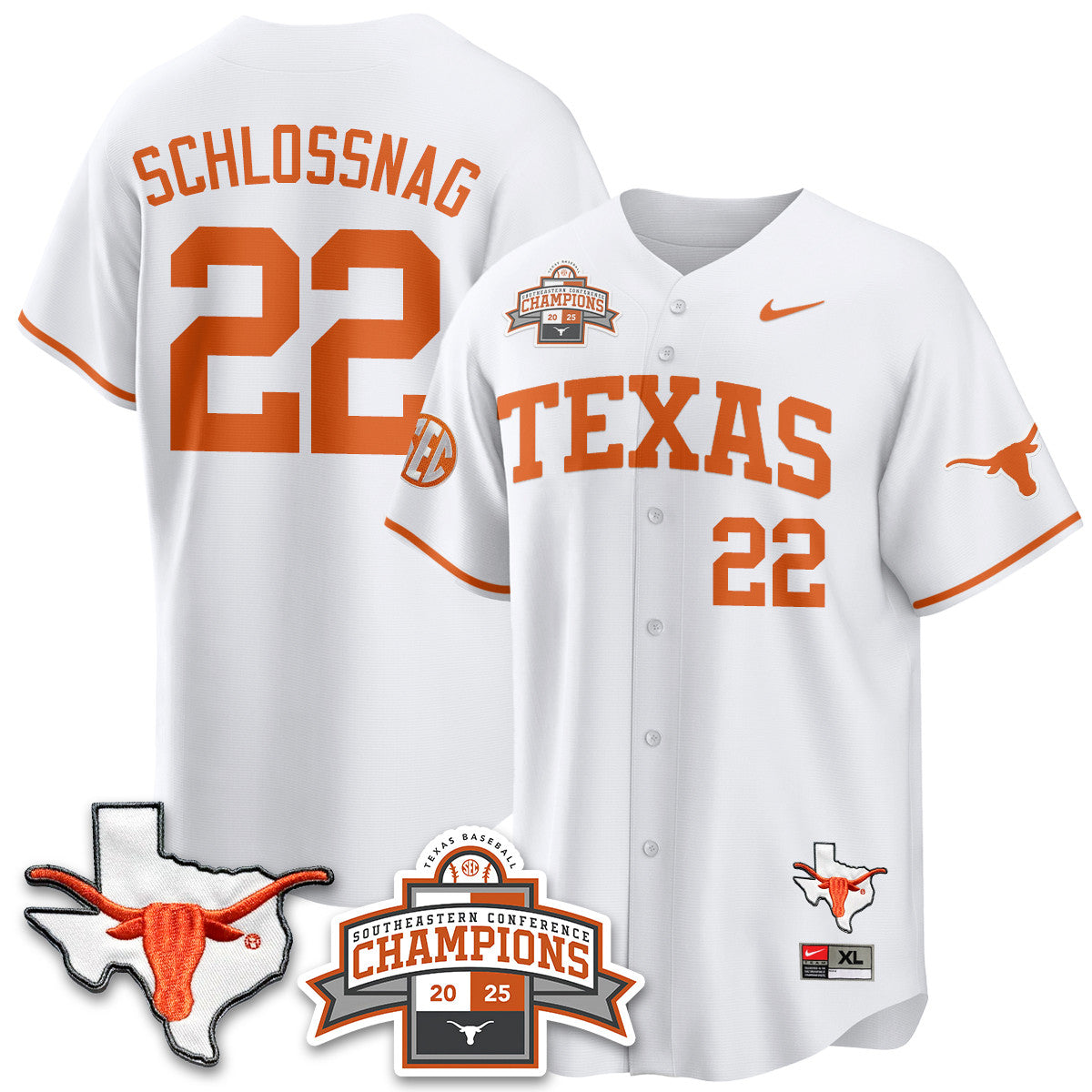 Texas Baseball 2025 Southeastern Conference Champions Jersey - Stitched
