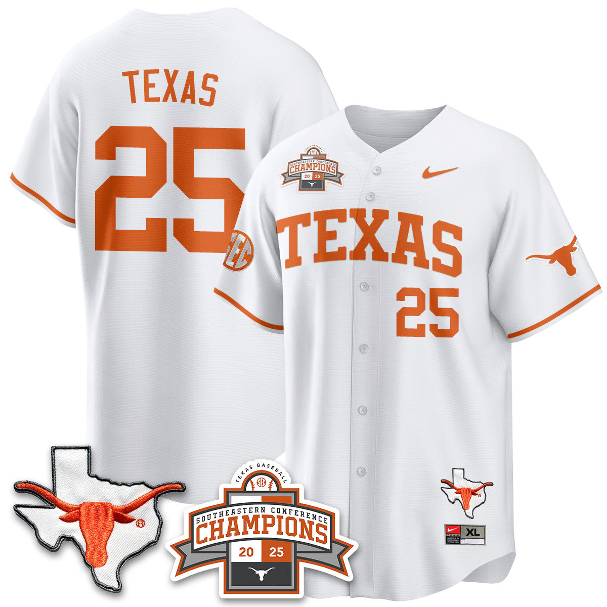 Texas Baseball 2025 Southeastern Conference Champions Jersey - Stitched