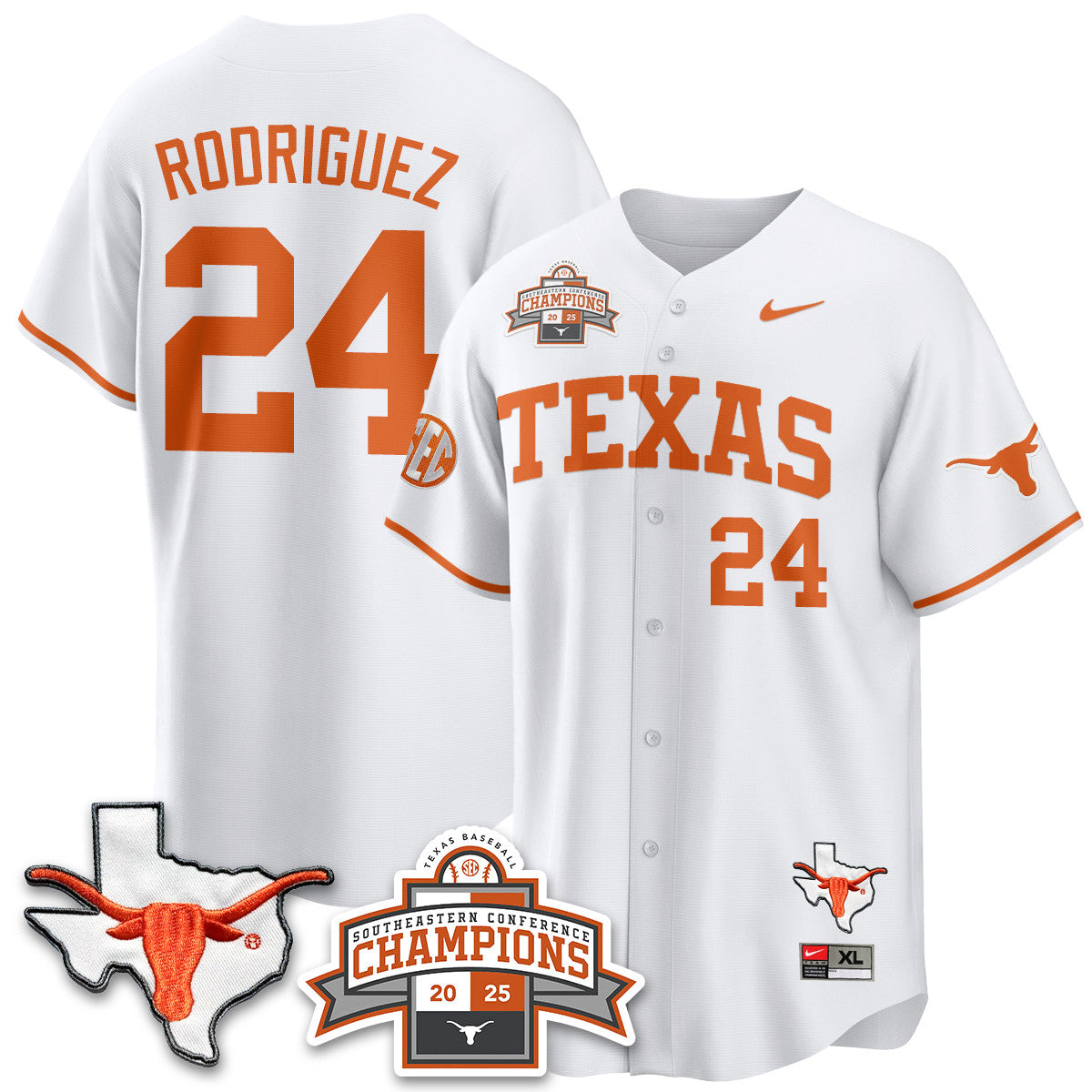 Texas Baseball 2025 Southeastern Conference Champions Jersey - Stitched