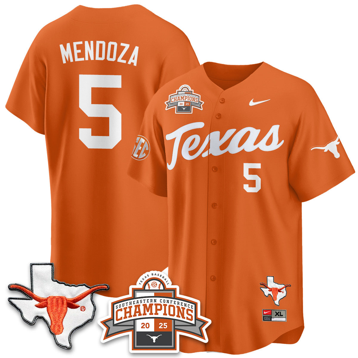 Texas Baseball 2025 Southeastern Conference Champions Jersey - Stitched