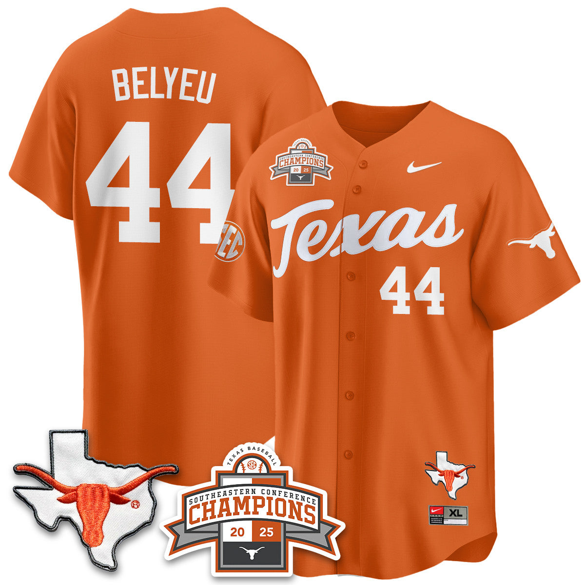 Texas Baseball 2025 Southeastern Conference Champions Jersey - Stitched